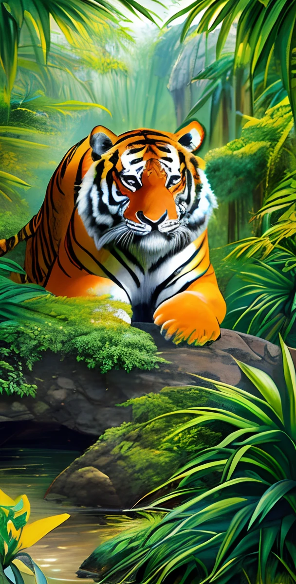 (Jungle Adventure, The pride of the tiger elixir:1.2), tiger Raja in bright colors, Tiger drawing, Orus, dynamic, Sun light, Lush greenery, Exotic plants, Mysterious shadows.