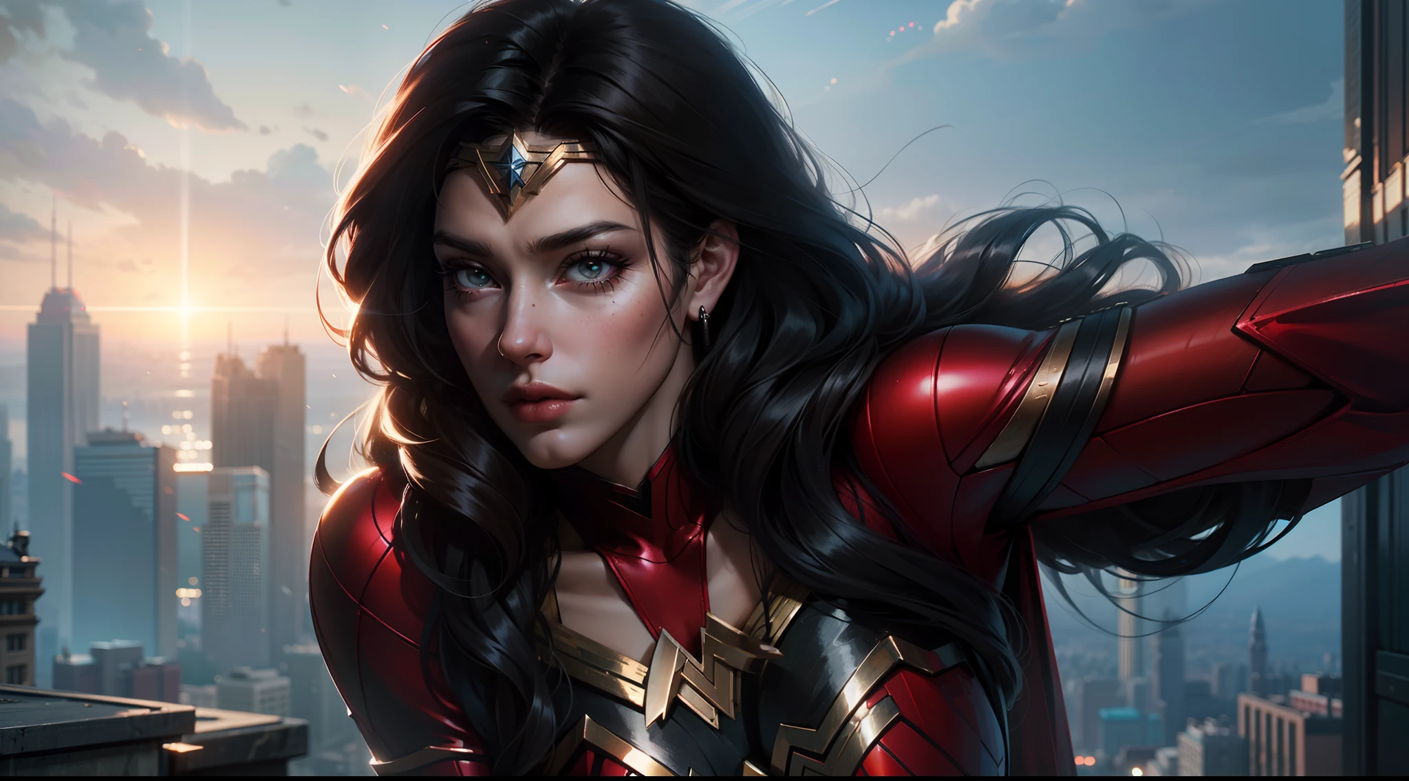 A breathtaking fusion of Wonder Woman and Black Widow, extremamente hiper-realista, high-definition with SDXL enhancement,combinando seus trajes, its powers and its characteristics,High Definition Costume,High Definition Hair and Eyes,Highly hyper-detailed in the city in a dynamic action 3D pose,shorts,detalhes exuberantes,Professional Ultra 8K Processing in Extremely Absolute Hyper-realistic in HDR in Concept Art Hyper-realistic in High Quality in Octane Render in Hyper 3D Resolution