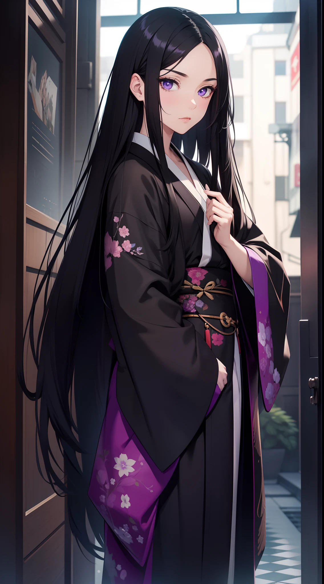 adult man, Long black hair, violet eyes, Thin, black kimono, Masterpiece, hiquality