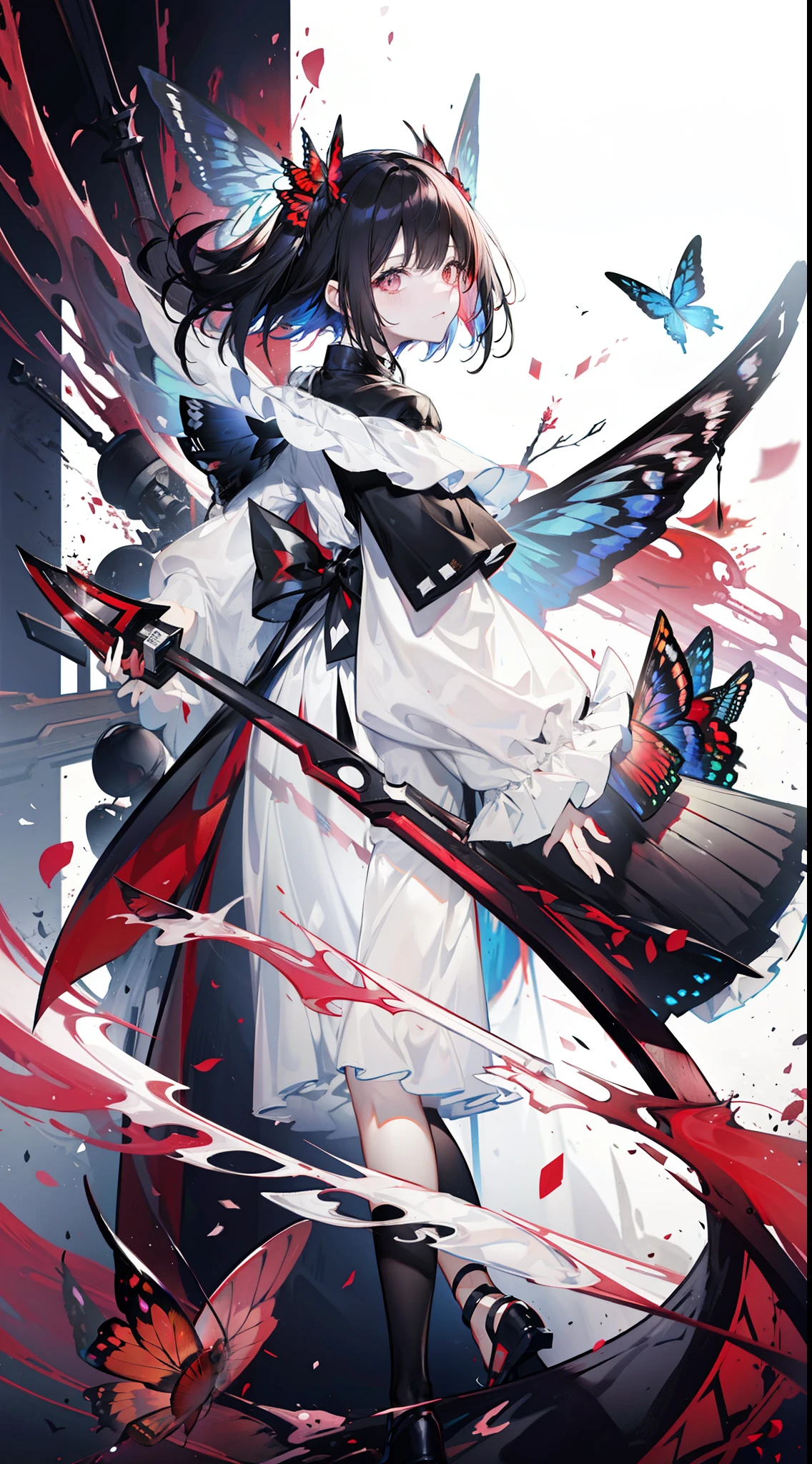 doress、black and white、ultra-detailliert、femele、Long、red butterfly々、Hanging、Adults、cart、Beautiful effects、crescent、A dark-haired、knifes