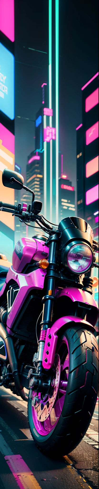 brightly colored motorcycle parked on a city street in a neon city, Cyberpunk art style, cyberpunk style color, cyberpunk artstyle, sitting on cyberpunk motorbike, detailed cyberpunk illustration, cyberpunk illustration, in style of digital illustration, cyberpunk theme art, kilian eng vibrant colours, synthwave art style, masterpiece epic retrowave art, retrowave epic art, epic retrowave art