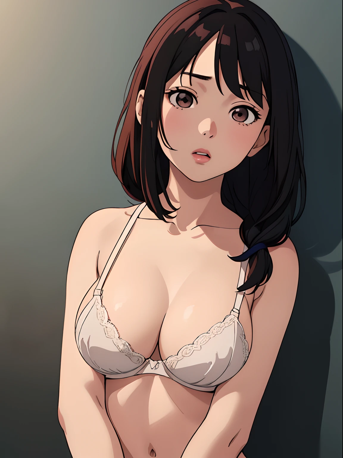 simple background、(​masterpiece、top-quality:1.2)、((facing front:1.2))、With bangs、Young woman at ************、((The upper part of the body:1.2))、Promotional Art、offcial art、(show breast)、(Exposing breasts)、(Expose nipple)、Attach underwear、bra very、pantiy、tits out