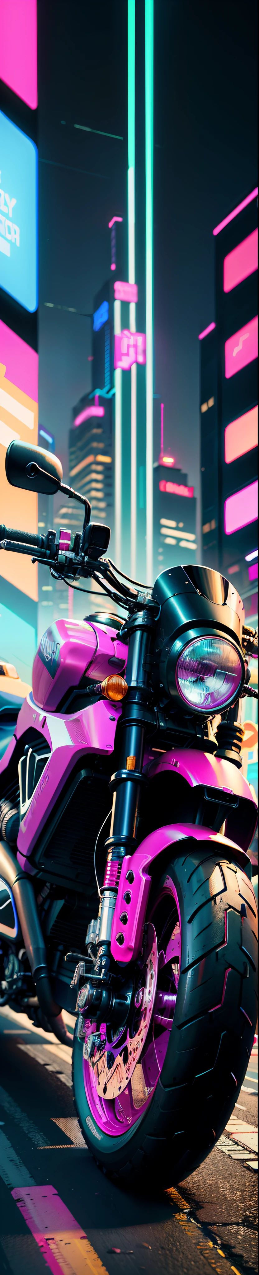 brightly colored motorcycle parked on a city street in a neon city, Cyberpunk art style, cyberpunk style color, cyberpunk artstyle, sitting on cyberpunk motorbike, detailed cyberpunk illustration, cyberpunk illustration, in style of digital illustration, cyberpunk theme art, kilian eng vibrant colours, synthwave art style, masterpiece epic retrowave art, retrowave epic art, epic retrowave art