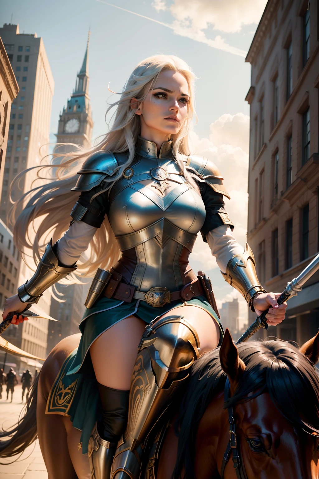 New York, Square of Time, Valkyrie, also known as Brunnhilde, is a character from Marvel Comics. She is an Asgardian warrior and a member of the Valkyries, a group of godlike warriors tasked with escorting the souls of fallen warriors to Valhalla. Valkyrie is skilled in hand-to-hand combat, wielding a sword and riding a majestic (horse) called Pegasus. She possesses superhuman strength, stamina, and longevity due to her Asgardian heritage. Additionally, Valkyrie is notable for her leadership, determination, and loyalty to her fellow Asgardians and the Avengers. Her presence brings a touch of mysticism and heroism to the mythology of the Marvel Universe. (best quality: 1.0), (Ultra Highres: 1.0), highly detailed face and eyes, (photorealistic: 1.2)