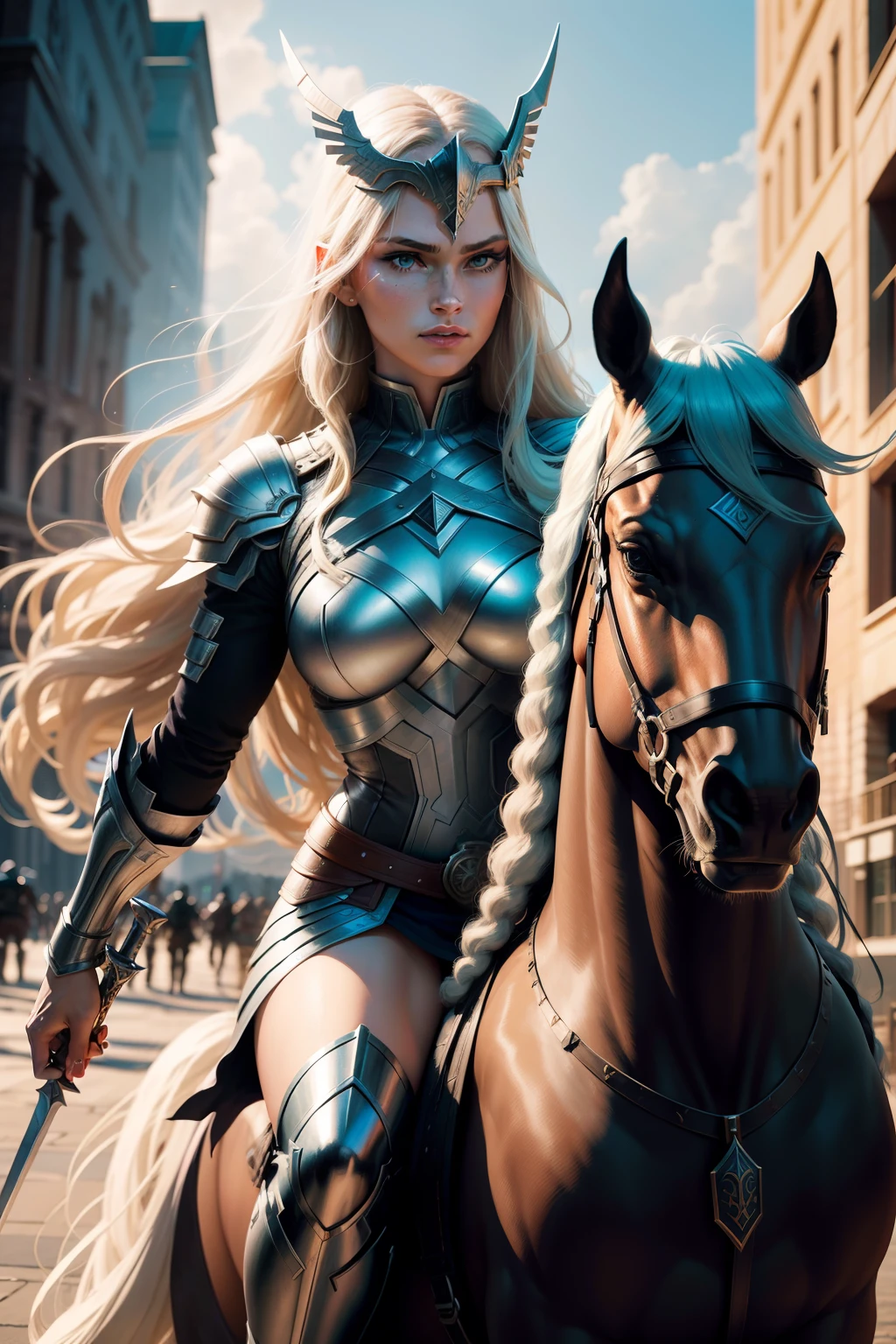 New York, Square of Time, Valkyrie, also known as Brunnhilde, is a character from Marvel Comics. She is an Asgardian warrior and a member of the Valkyries, a group of godlike warriors tasked with escorting the souls of fallen warriors to Valhalla. Valkyrie is skilled in hand-to-hand combat, wielding a sword and riding a majestic (horse) called Pegasus. She possesses superhuman strength, stamina, and longevity due to her Asgardian heritage. Additionally, Valkyrie is notable for her leadership, determination, and loyalty to her fellow Asgardians and the Avengers. Her presence brings a touch of mysticism and heroism to the mythology of the Marvel Universe. (best quality: 1.0), (Ultra Highres: 1.0), highly detailed face and eyes, (photorealistic: 1.2)