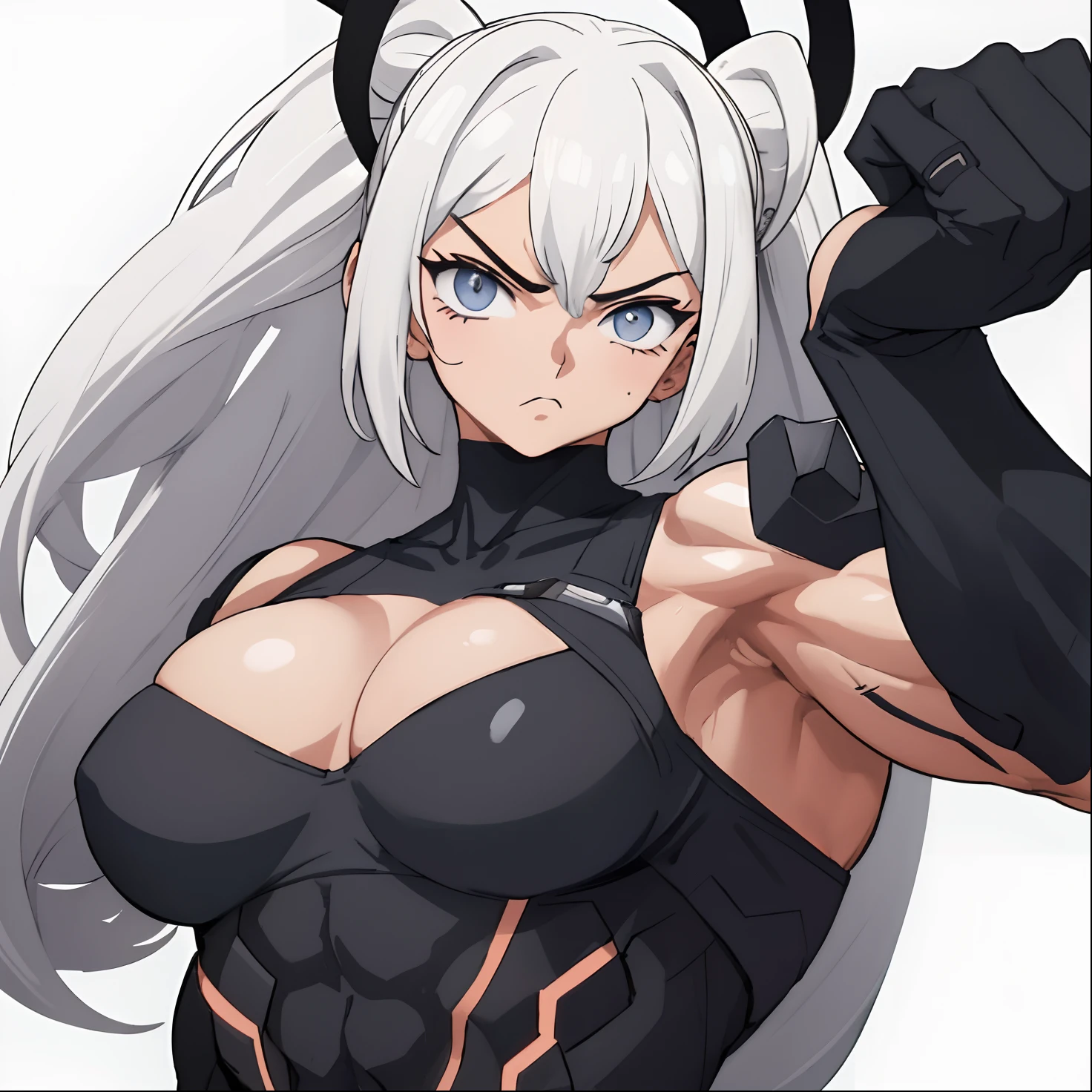 Make a girl super muscule, serious with pose badass