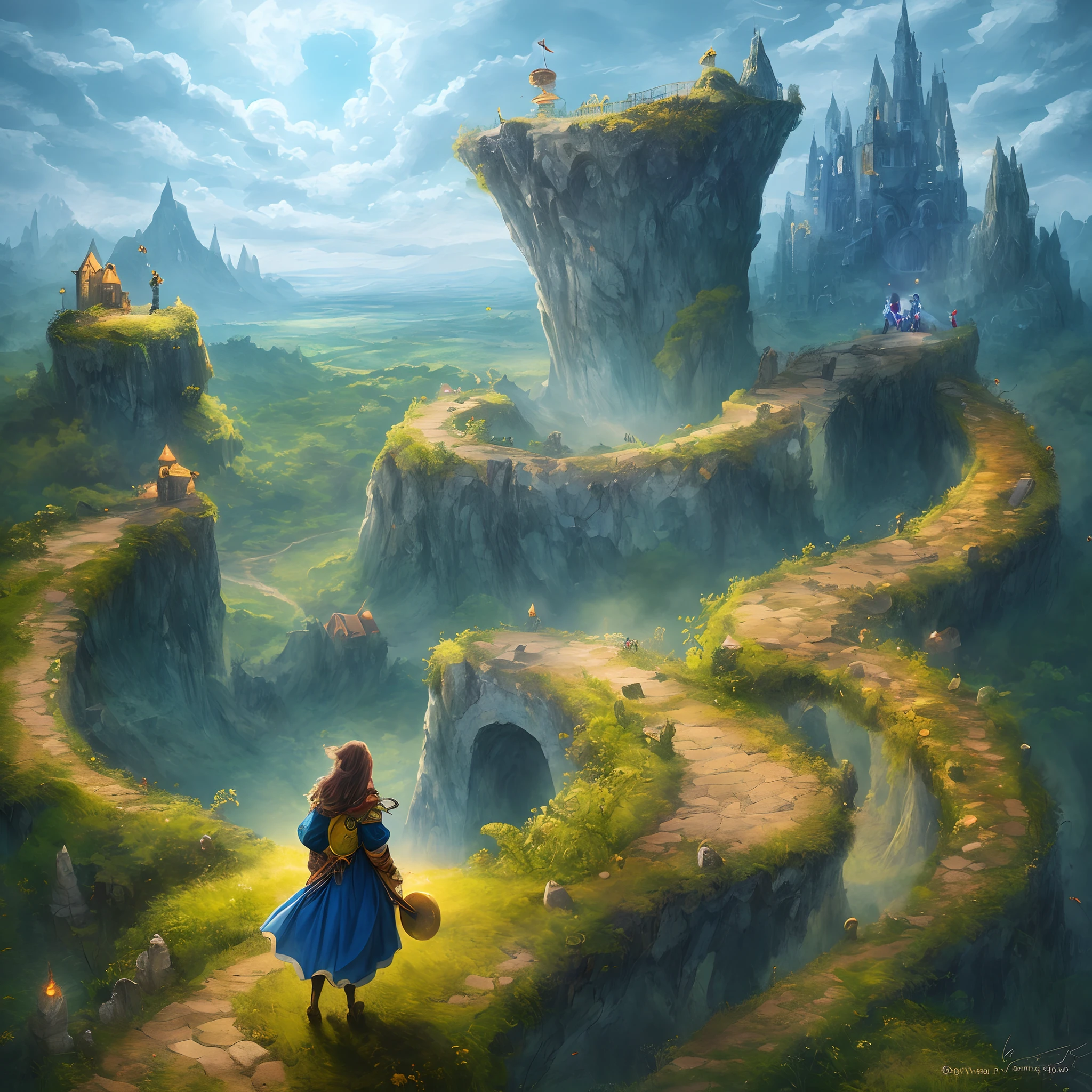 Best quality, green plain, standing girl, on a hilltop, spiral portal, blue color, with yellow coins, deep colors, fantasy, matte images, masterpiece.