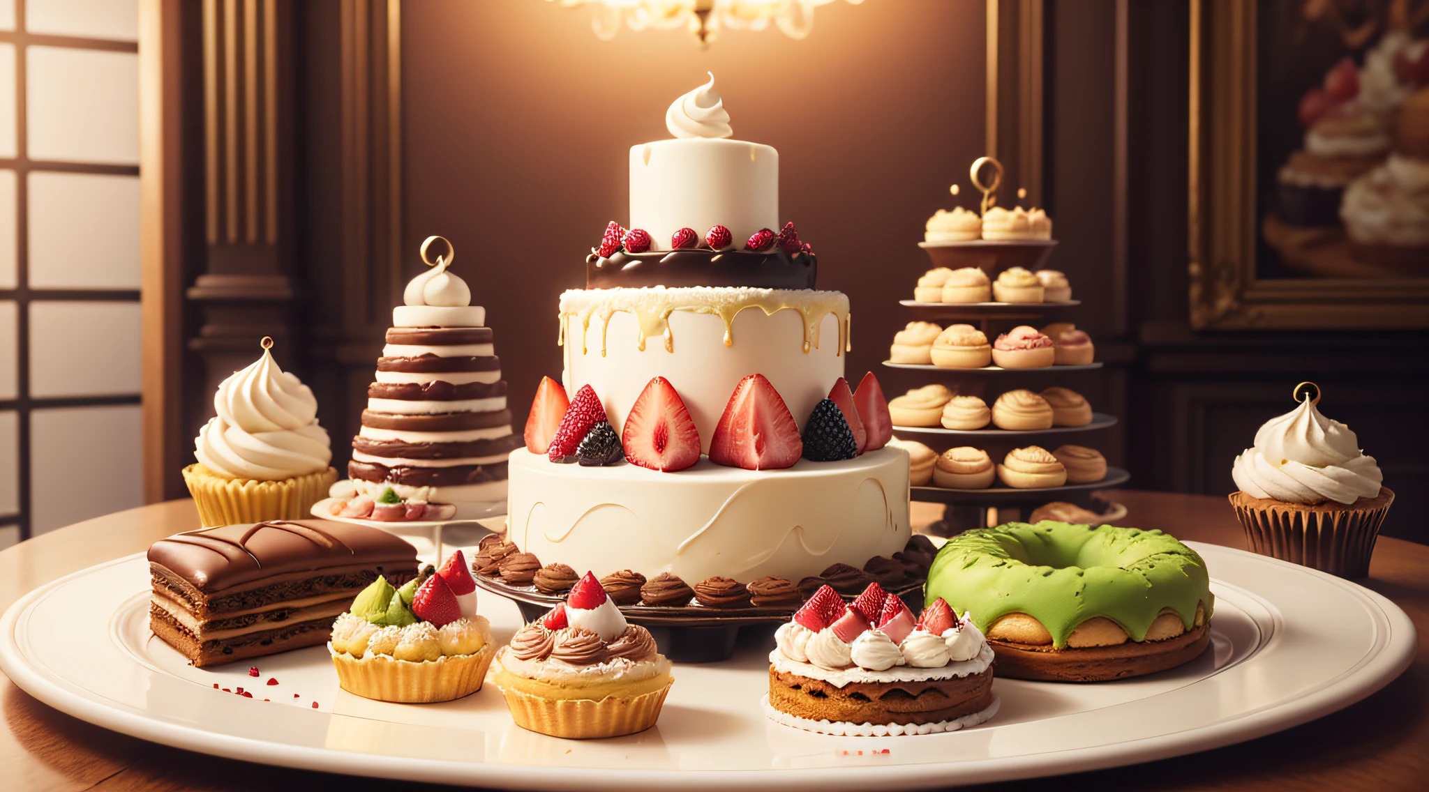 desserts、patisserie、Cupcakes、Cookie、breads、croissant、donut、Puffs、macaron、Cream cake、Fruit tart、Chocolate brownies、Matcha mille-feuille pastry、jello、marmalade、Sweet and seductive、Exquisite craftsmanship、Crispy on the palate、Sweet and seductive、Extremely colorful、Unique tricks、The art of dessert、Gourmet enjoyment,tmasterpiece,high qulity