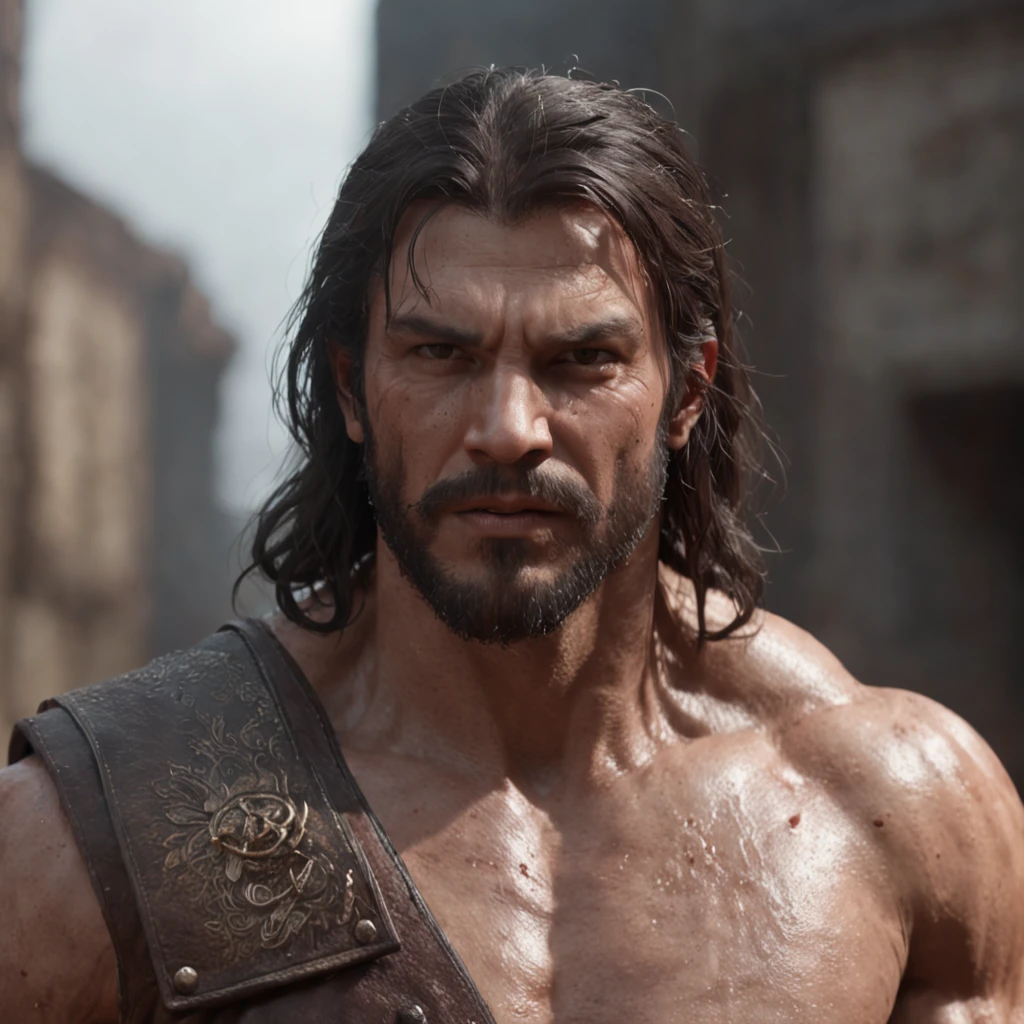 (professional 3d render:1.3) af (Realistic:1.3) most beautiful artwork photo in the world,Features soft and shiny male heroes, ((Epic hero fantasy muscle man rough wet hero angry look long hair short beard and ferocious expression in dynamic pose, Fantastic location, Majestic cluttered environment)), full body 8k unity render, action shot, skin pore, very dark lighting, heavyshading, Detailed, Detailed face, (vibrant, photograph realistic, Realistic, Dramatic, Dark, Sharp focus, 8K), (Old leather garments damaged by weathering:1.4), ((((Wear fur)))), (Intricate:1.4), decadent, (Highly detailed:1.4), Digital painting, rendering by octane, art stations, concept-art, smooth, Sharp focus, illustration, Art germ, (loish:0.23), wlop ilya kuvshinov, and greg rutkowski and alphonse mucha gracias, (Global illumination, Studio light, volumettic light), heavy rain, particles floating, lotr, fantasy, elf, full bodyesbian, ((Dark and ancient city background:1.3)),CGSesociety,art stations
