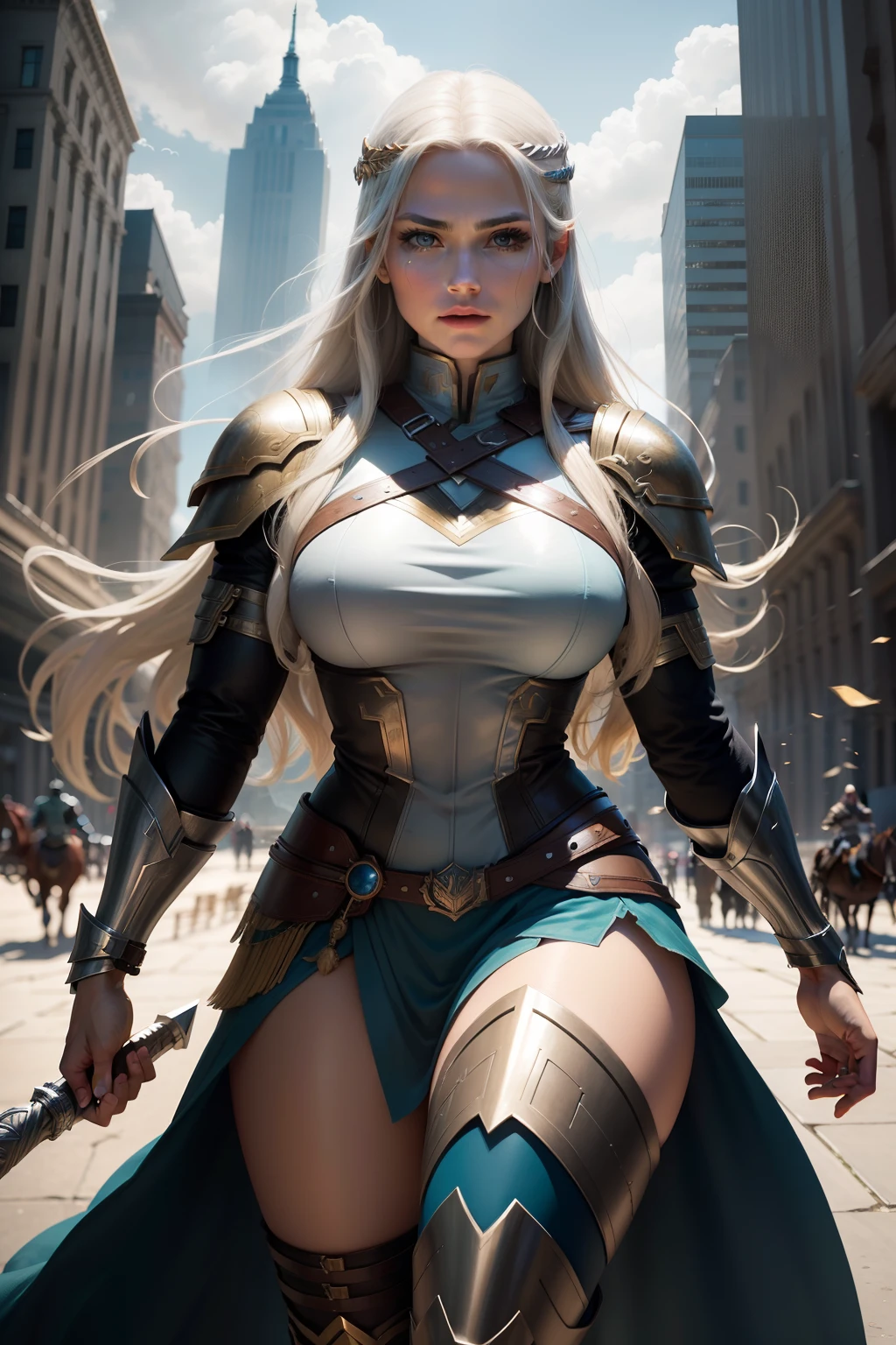 New York, Square of Time, Valkyrie, also known as Brunnhilde, is a character from Marvel Comics. She is an Asgardian warrior and a member of the Valkyries, a group of godlike warriors tasked with escorting the souls of fallen warriors to Valhalla. Valkyrie is skilled in hand-to-hand combat, wielding a sword and riding a majestic (horse) named Pegasus. She possesses superhuman strength, stamina, and longevity due to her Asgardian heritage. Additionally, Valkyrie is notable for her leadership, determination, and loyalty to her fellow Asgardians and the Avengers. Her presence brings a touch of mysticism and heroism to the mythology of the Marvel Universe. (best quality: 1.0), (Ultra Highres: 1.0), highly detailed face and eyes, (photorealistic: 1.2)