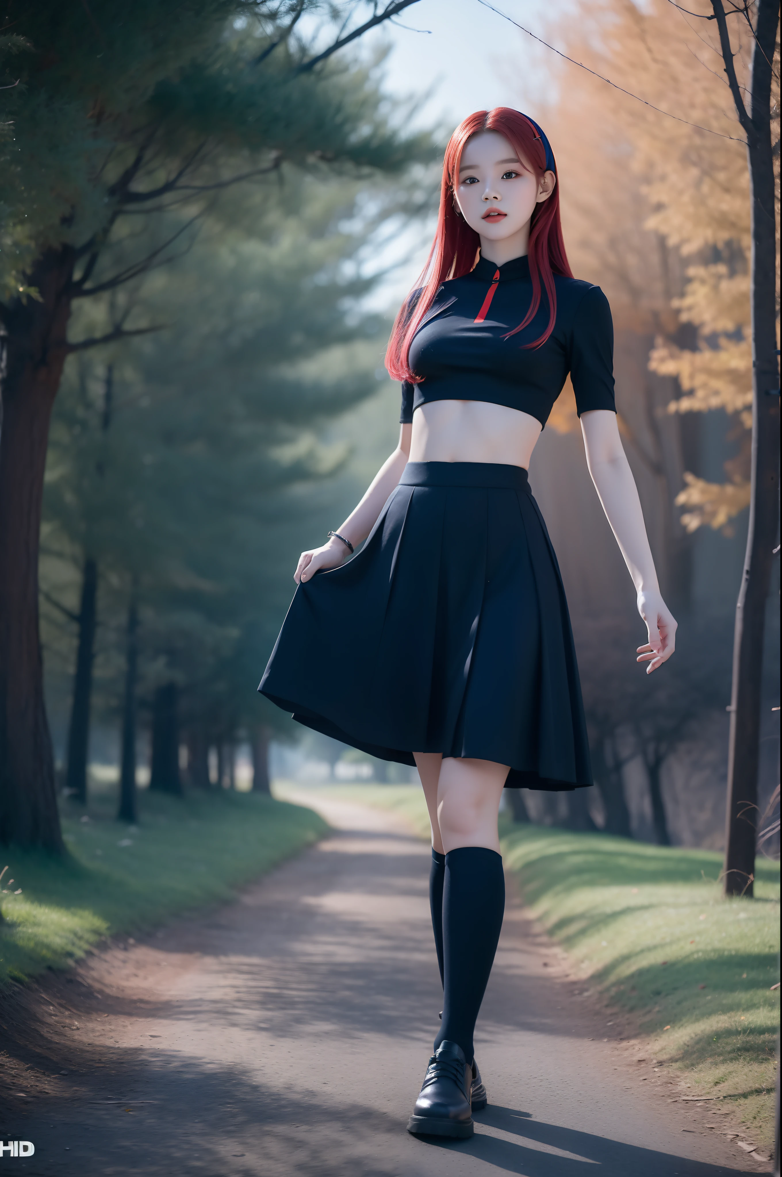 "Full body view of 18 years old Kim Chaewon as a young witch girl with blue red hair. She is standing confidently, with a slight exposure of her midriff and a petite figure. The photo is captured in UHD 4K, exhibiting exquisite details."