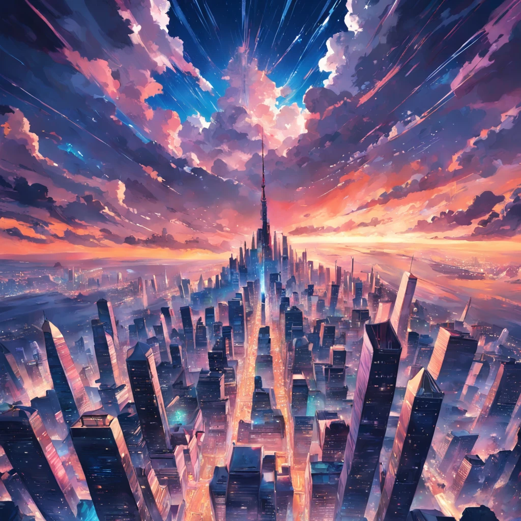 world where you can walk on the sky, sky as the ground, skyscrapers as the sky, cinematic, beautiful vivid