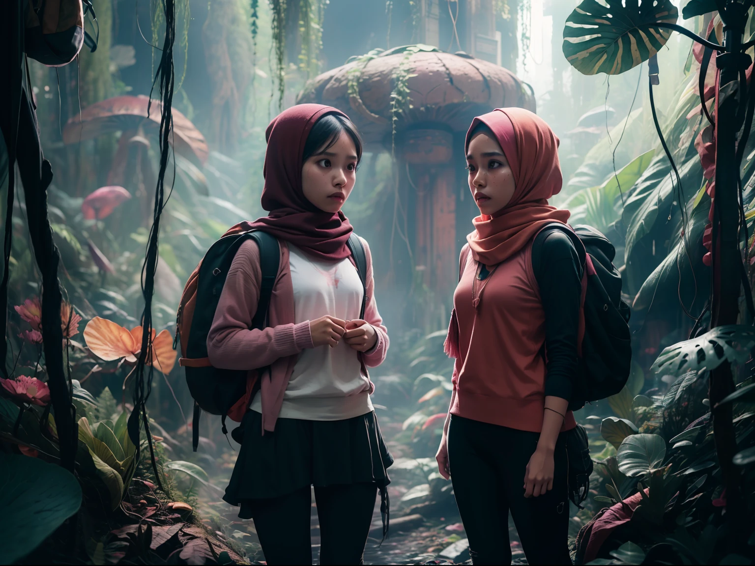 Two malay girl in hijab lost in fantasy jungle, beautiful face, petite body, carry backpack, hiking, torn outfit, ripped outfit, wear sweater and tight pink leggings, scared face, scared expression and body language, sweating, cinematic lighting, professional photography, ultra realistic face, bright cinematic lighting,