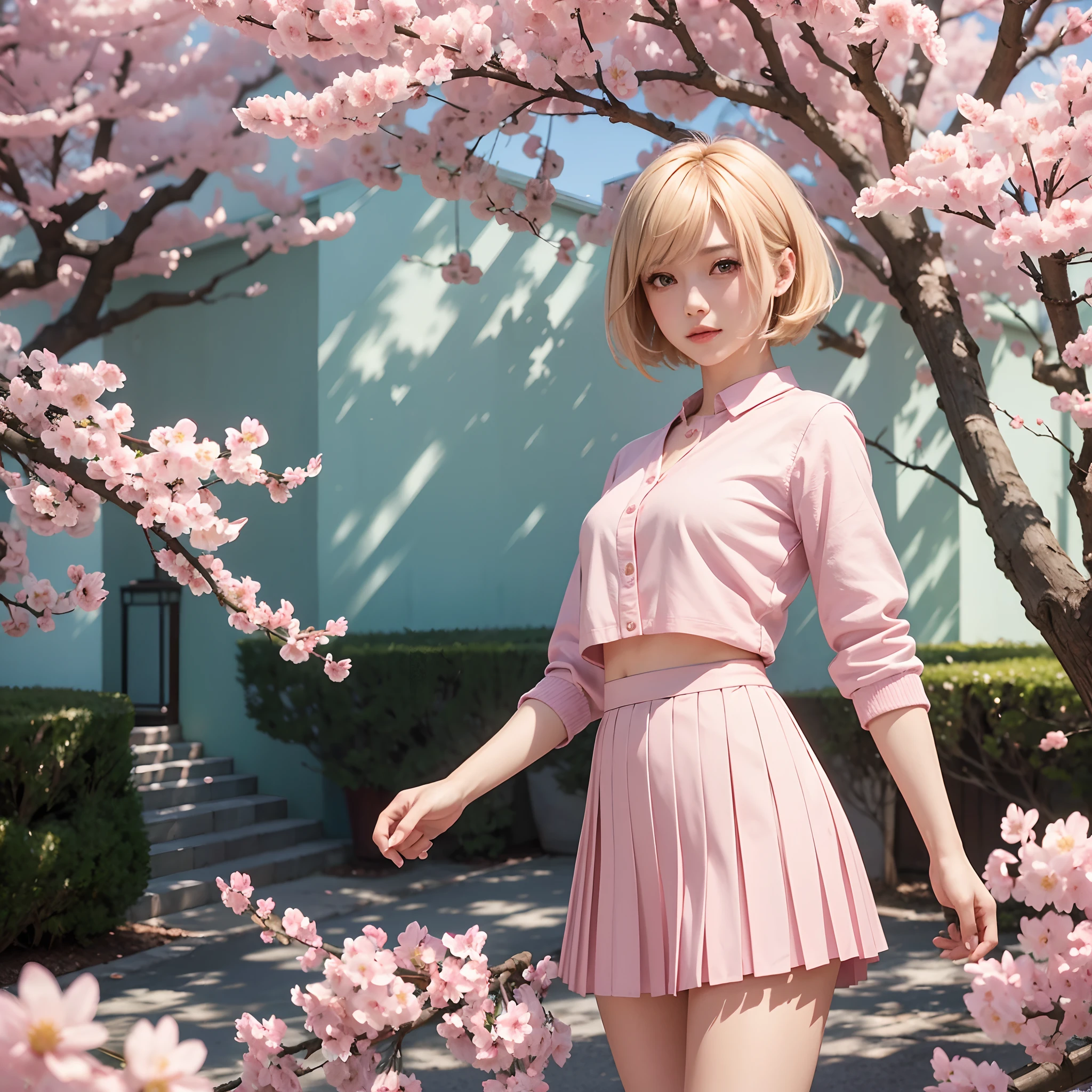 Realistic, beautiful girl, wind, skirt, Sakura tree, sunlight, pink skirt, short hair, blonde hair, wall behind her, 8k, high resolution, high quality, super quality