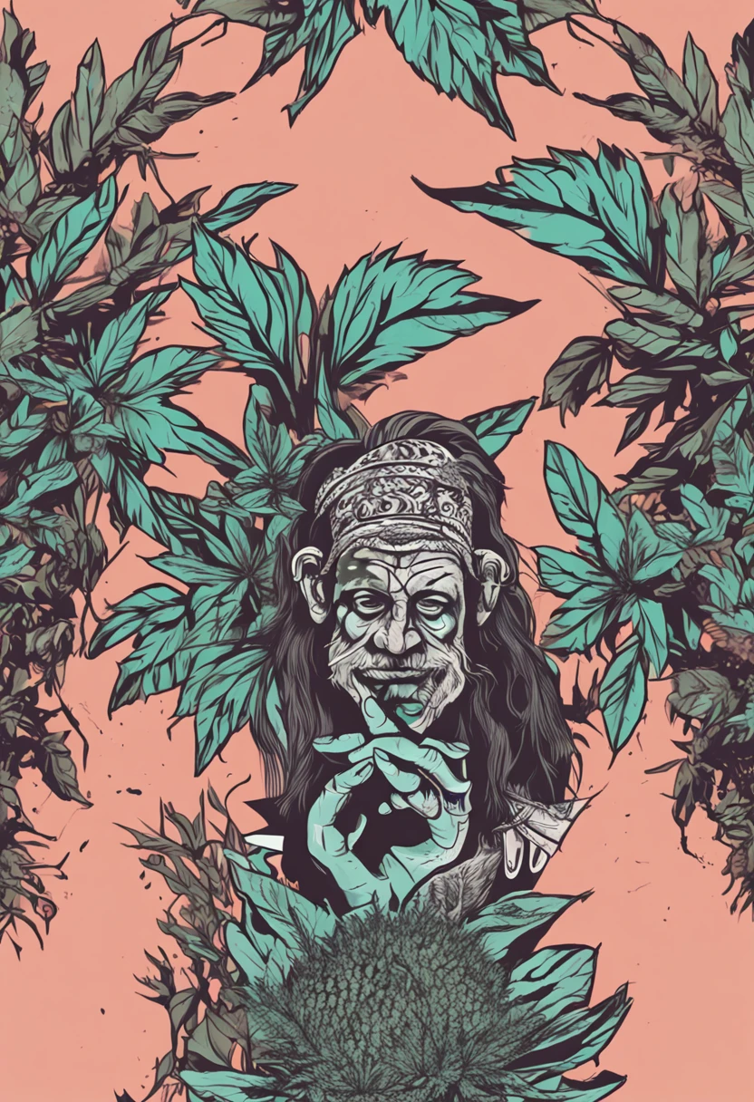 Obra prima, estilo decalque de tatuagem, 2d, estampa para camisa, Face of a Demon resembling an Oni, com folhas de cannabis ao redor