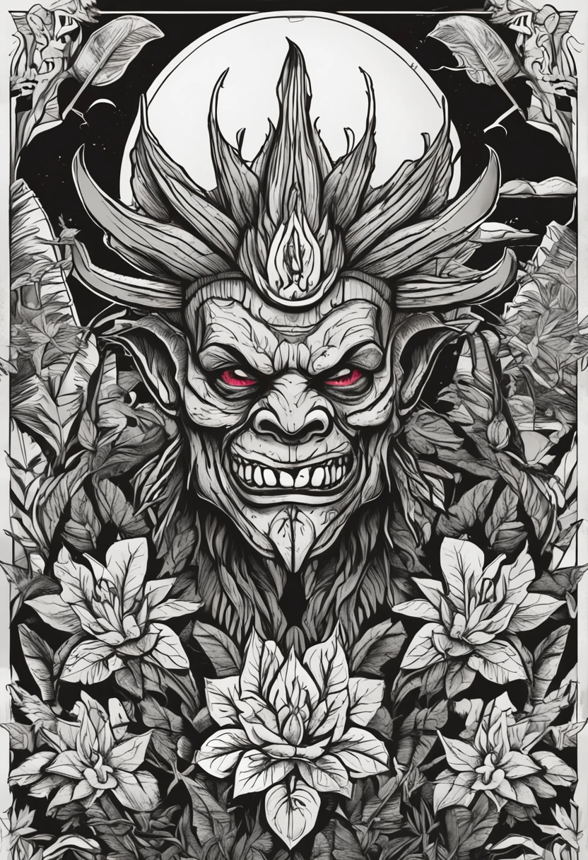 Obra prima, estilo decalque de tatuagem, 2d, estampa para camisa, Face of a Demon resembling an Oni, com folhas de cannabis ao redor