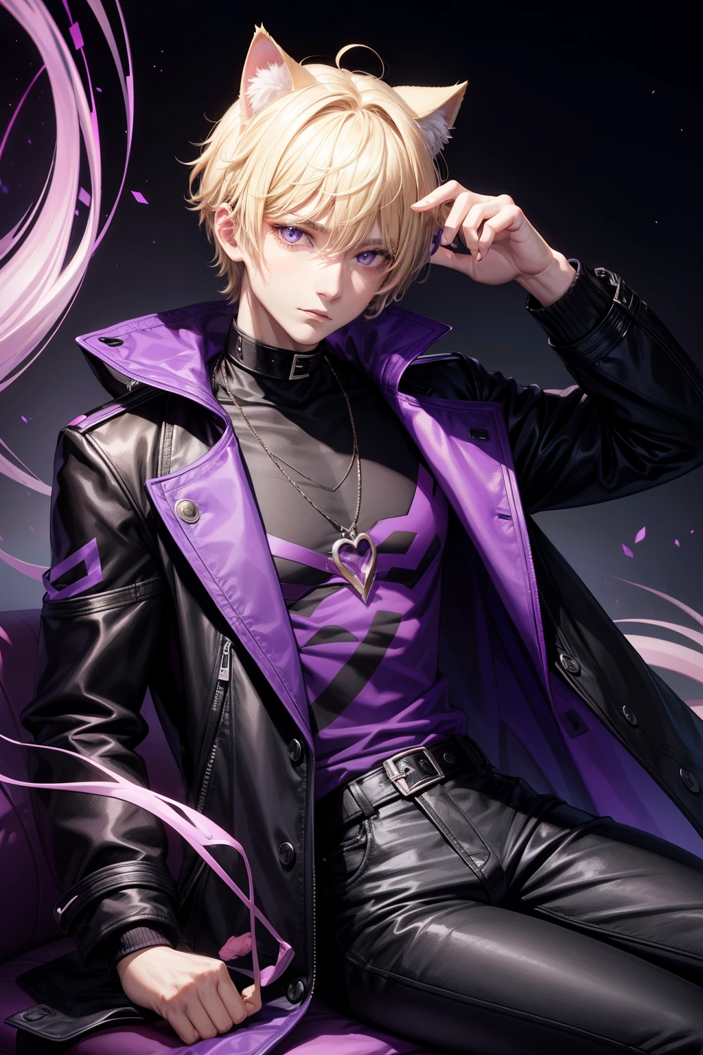 a young man, short blonde hair, purple cat eyes, cat ears, purple and black jacket, black jeans