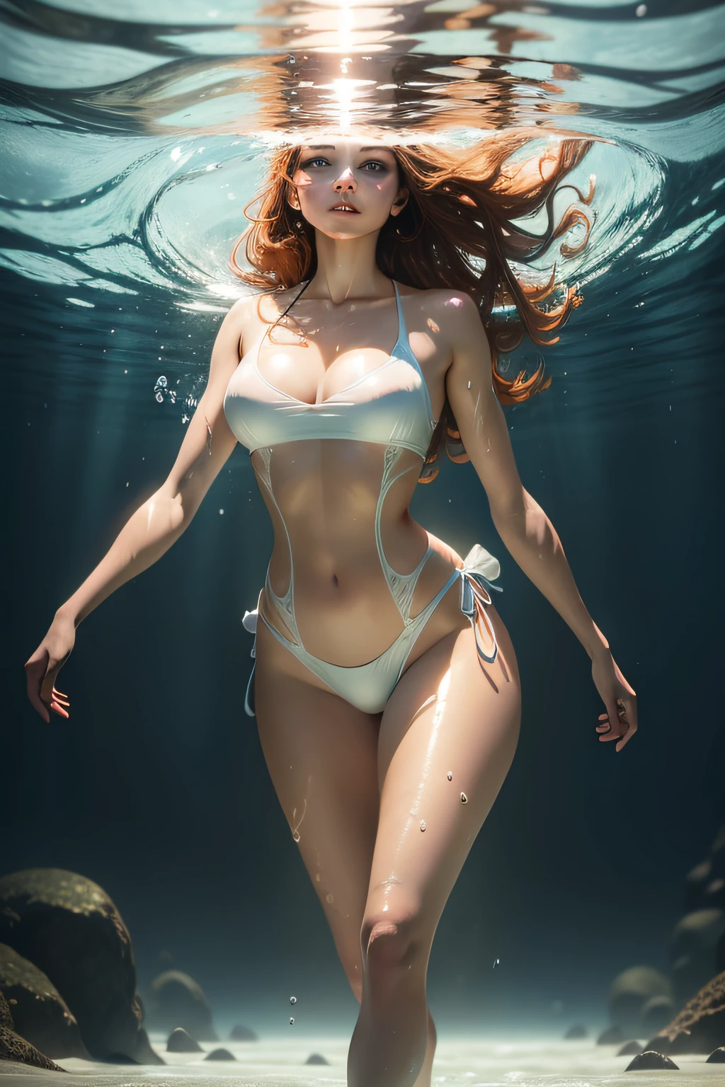 gorgeous woman walking beautifully under the water with sun highlighitng her face