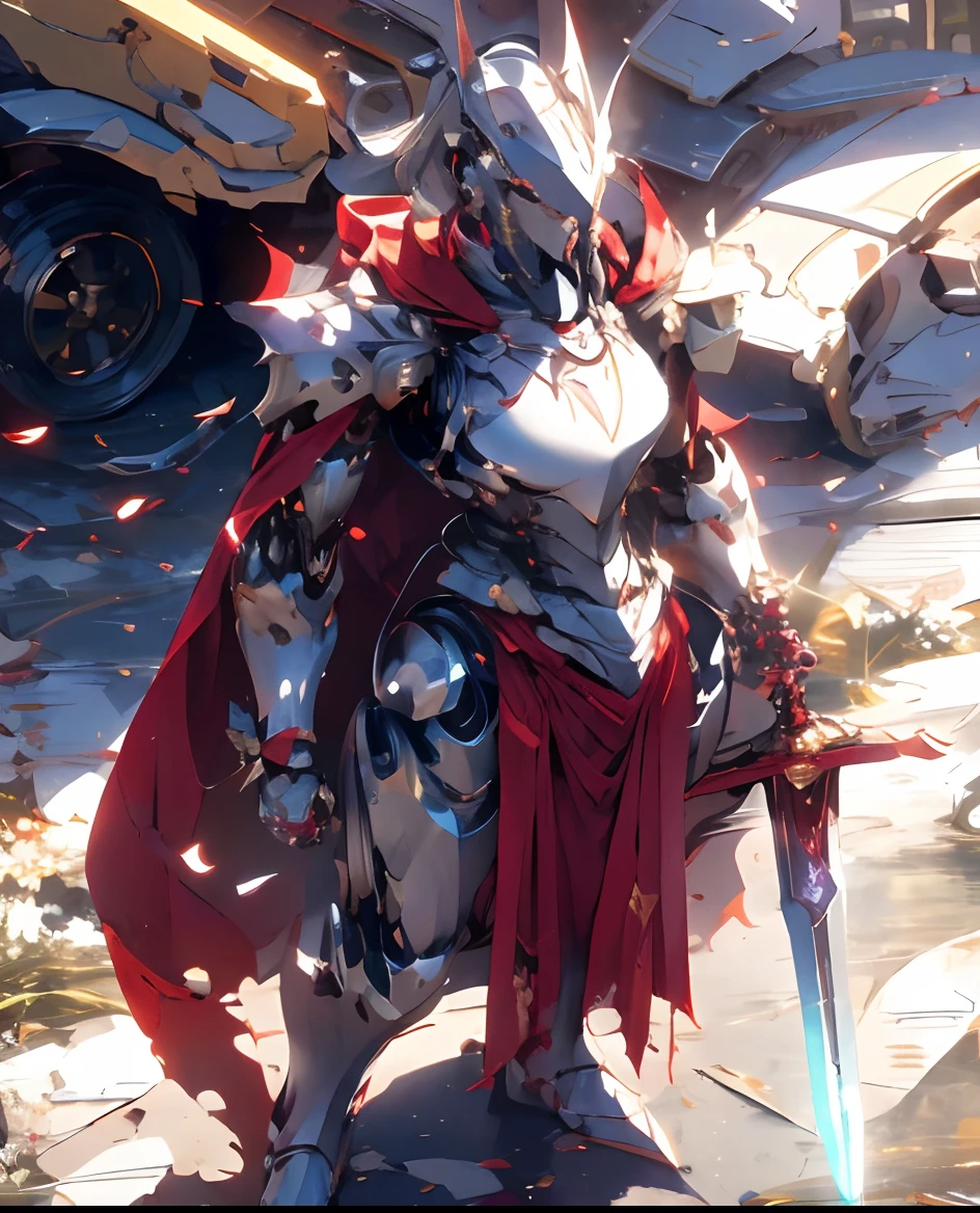 (masterpiece:1.2), best quality,PIXIV,
robot girl,breast,weapon, sword, armor, holding weapon, holding, holding sword, solo, gauntlets, cape, red cape, full armor, helmet, torn cape, male focus, standing, glowing, shoulder armor, red theme, pauldrons, breastplate, torn clothes, greaves, crack, horns, knight, torn, armored boots