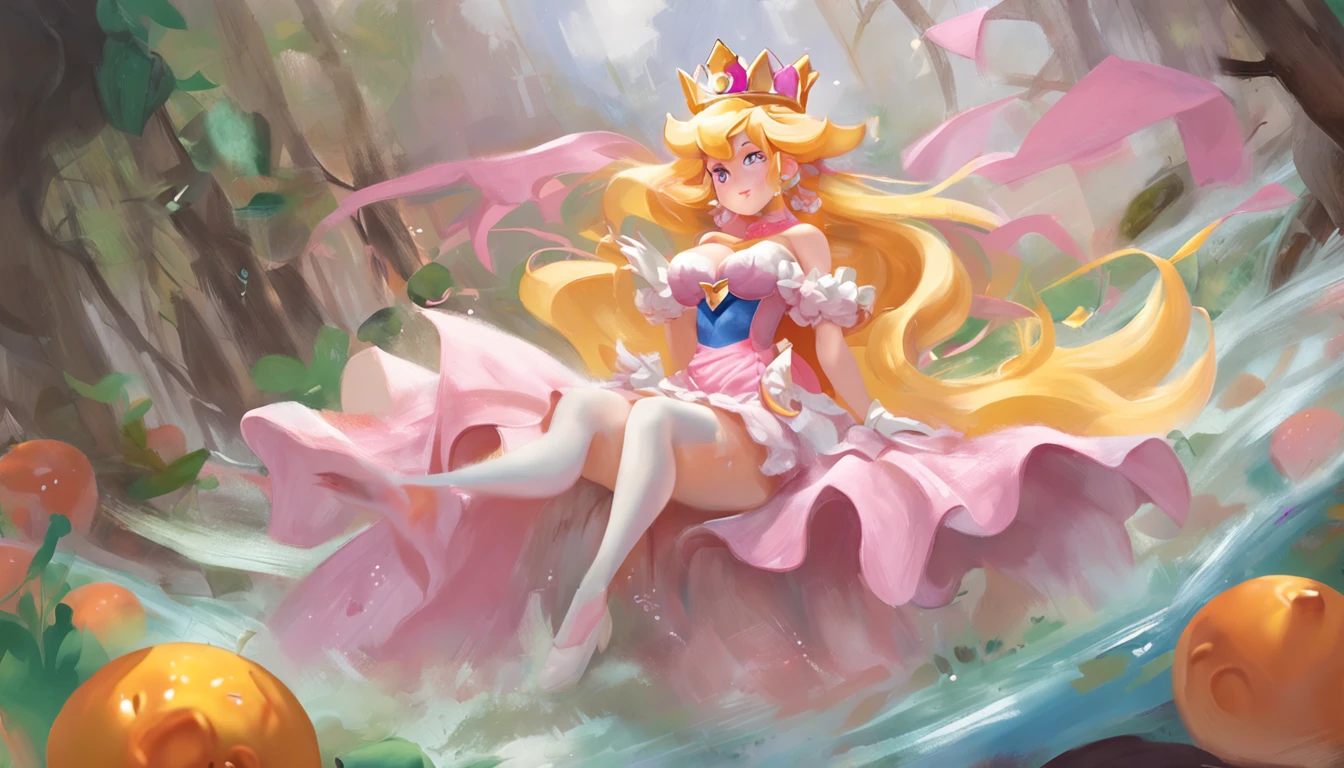 (Princess Peach:1.5),(sexy maid:1.2),(magical forest:1.2),(cutesexyrobutts:1.2),(RossDraw 2.5:1.1),(KDA:1.1),(WLOP:1.1),(Sakimichan:1.1),(watercolor:1.2)