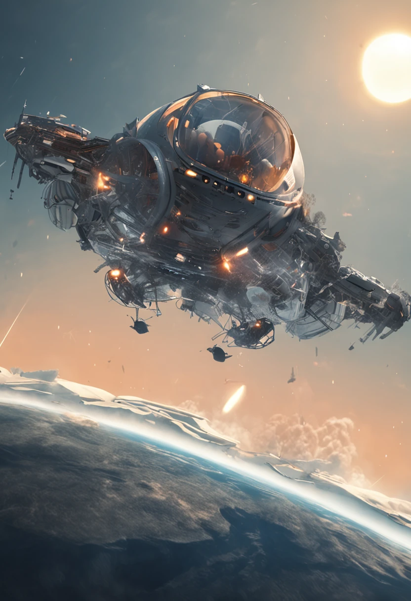 Por favor, create an illustration that represents the modern story of the 'Flight of Icarus' contextualized in the year 2023. Na imagem, mostre um jovem chamado Max, filho de um engenheiro aeroespacial instrutor, pilotando uma aeronave suborbital ultramoderna. He is ascending to heaven with a smile of enthusiasm, mas ao fundo, The spacecraft begins to disintegrate due to the extreme heat of the atmosphere. O Dr. Alan Carter, o pai de Max, is visible in a control center, with a worried expression, tentando se comunicar com Max. A Terra, majestosa e deslumbrante, should be visible in the distance. The image should convey a sense of emotion, urgency and acceptance of consequences