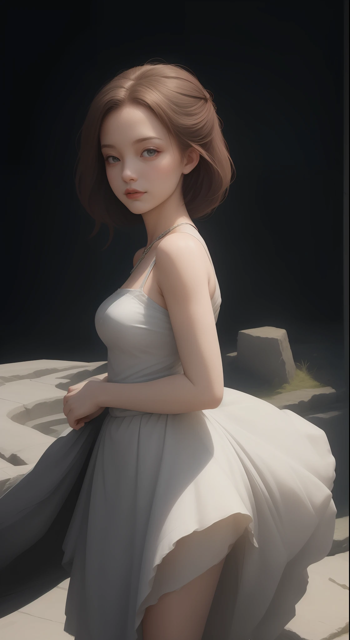 primitive, tmasterpiece, ultra fine photos,, top-quality, 超A high resolution, Photorealsitic, blackcutoffs, rays of moonlight, Full body portrait, stunningly beautiful,, dynamicposes, delicated face, Vibrant eyes, (from side view), She wears a futuristic Batman costume, Skinny matte black leather, turtleneck top, cropped shoulders, sitting on a leather sofa, highly detailed back ground, A detailed face, detailed tidy background, a gorgeous, milkyW, High detail skin, Realistic details of skin、Visible Pore、foco nítido、volume fog、8K UHD、Digital SLR、high high quality、Film grains、White skin of the、Foto realism、DL、Futuristic utopian city as seen below、Transparent set in dress、Short dress、Large room:1.3, white blonde, short detailed hair, eye shadows,A girl, Luxury lounge, sexual teasing, A confused smile,1girl,looking at viewer,simple background ,solo