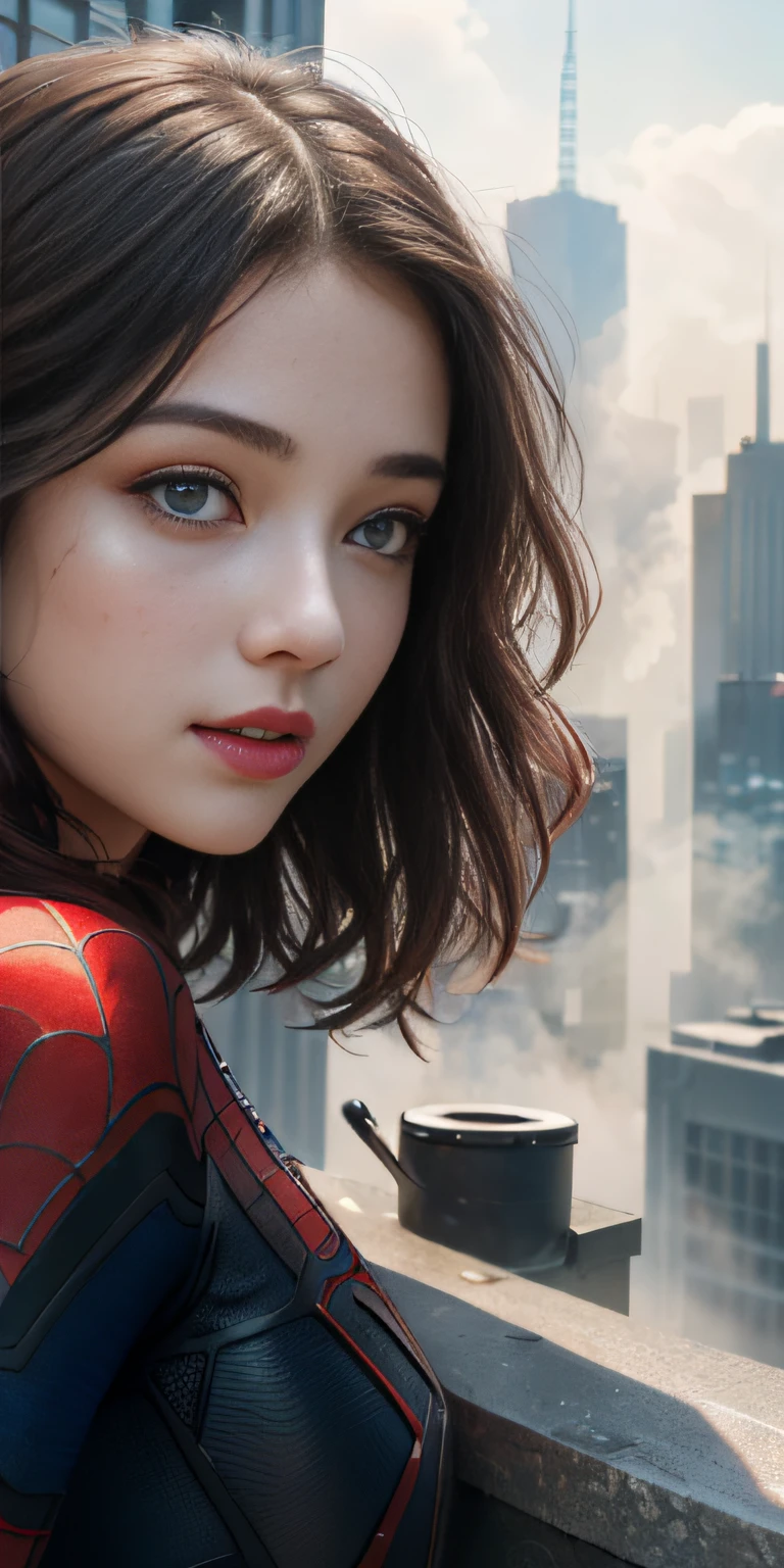 (1girl:1.3), Solo, (((Very detailed face)))), ((Very detailed eyes and face)))), Beautiful detail eyes, Body parts__, Official art, Unified 8k wallpaper, Super detailed, beautiful and beautiful, beautiful, masterpiece, best quality, original, masterpiece, super fine photo, best quality, super high resolution, realistic realism, sunlight, full body portrait, amazing beauty, dynamic pose, delicate face, vibrant eyes, (from the front), She wears Spider-Man suit, red and black color scheme, spider, very detailed city roof background, rooftop, overlooking the city, detailed face, detailed complex busy background, messy, gorgeous, milky white, highly detailed skin, realistic skin details, visible pores, clear focus, volumetric fog, 8k uhd, DSLR, high quality, film grain, fair skin, photo realism, lomography, futuristic dystopian megalopolis, translucent