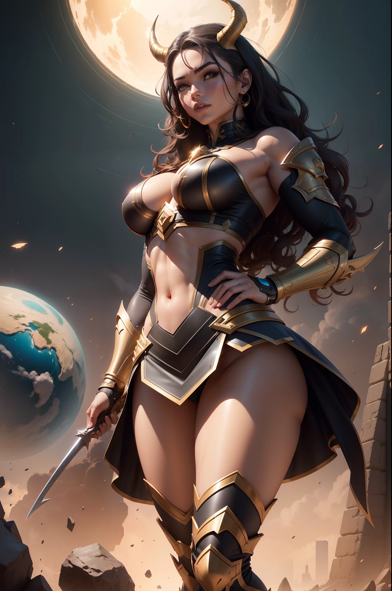 Warrior with horns and armor covering upper body standing in front of a planet, Samira de League of Legends, Artgerm JSC, Qiyana, Artgerm extremamente detalhado, Artgerm Julie Bell Beeple, Artgerm detalhado, Modelo IG | Artgerm, como visto no Artgerm, quadrinhos Artgerm, does bodybuilding and brunette curly hair