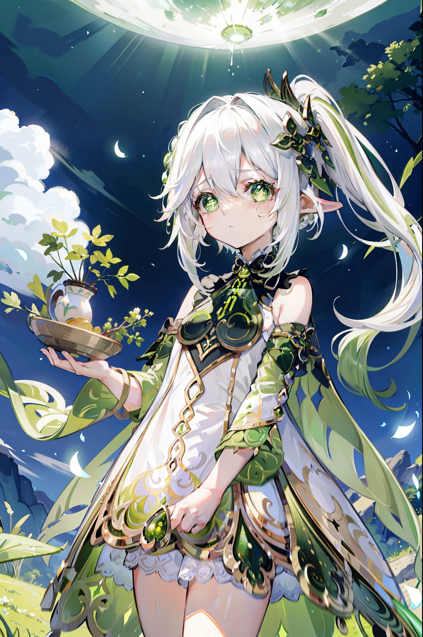 Nahida_Genshin,(White hair),cross-shaped pupils,default_dress,Green cape,simplebackground,themoon,The breath of life,green color,grassy fields,The breath of life,Gentle and powerful divinity,A sense of majesty,Hold a headache and cry,revealing breasts