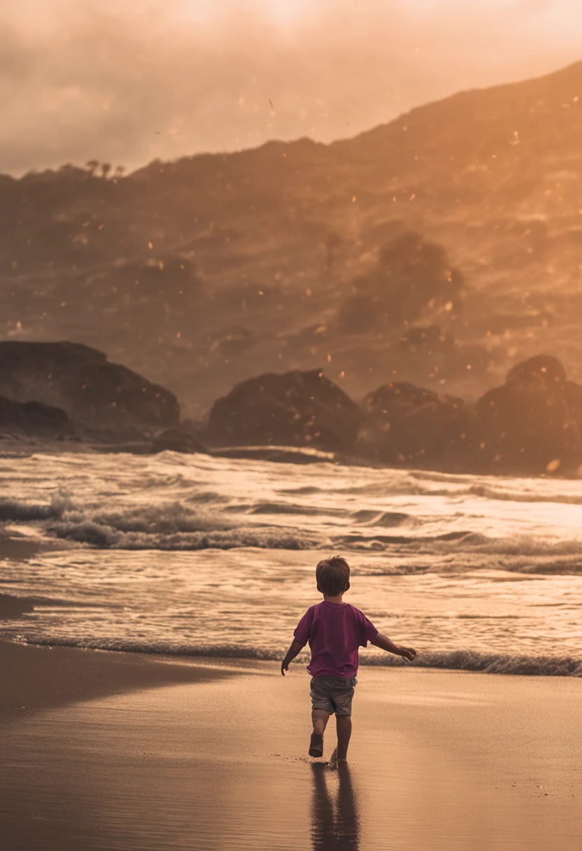 Create a photo of a child on the beach who is autistic