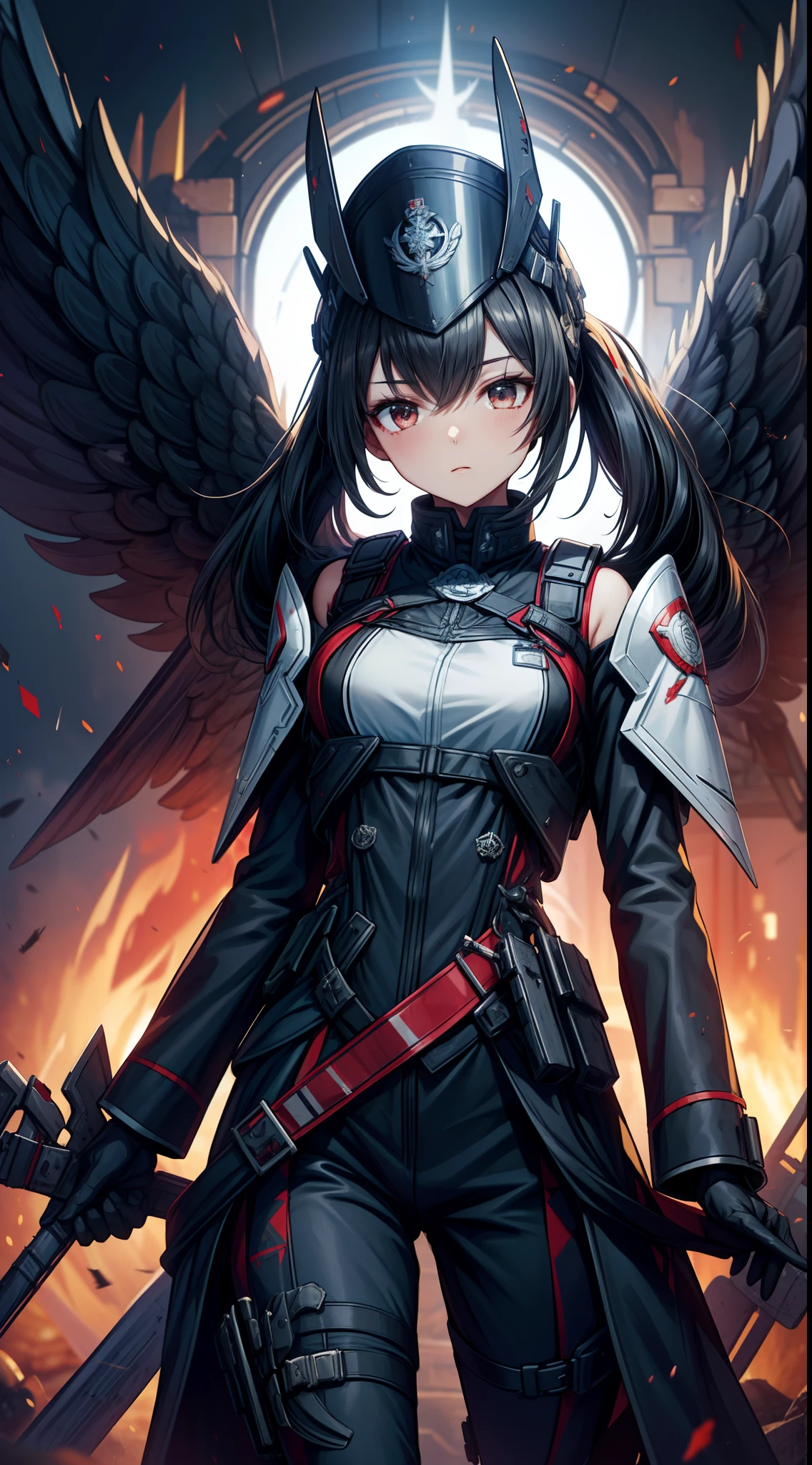 Tactical humanoid，Female pervert，Black hair and black eyes，(arma)sharpest、Sharp、Very long servants，modern warfare，Attacked，blasts，patrol，rampage ，irate，Black is the dominant color，streamlined line design，(War cap)，Pentagram and gold pattern，Flanked by eagle wings bat wing ornaments。tactical vest，Traditional pattern，Cross-identification。Black clothing，Trimmed with white lace，Blue military emblem，Black jumpsuit。spark of light，Iron and blood，Faded dreams，betrayal、interference，The princess is a knight，Burned vehicles，Idealist。(Girl front)，(New USSR)，(GDR)，(Latin American Union)，(China)，(Collapse bomb)，(Bakery Action)，(Department of Antiquities)