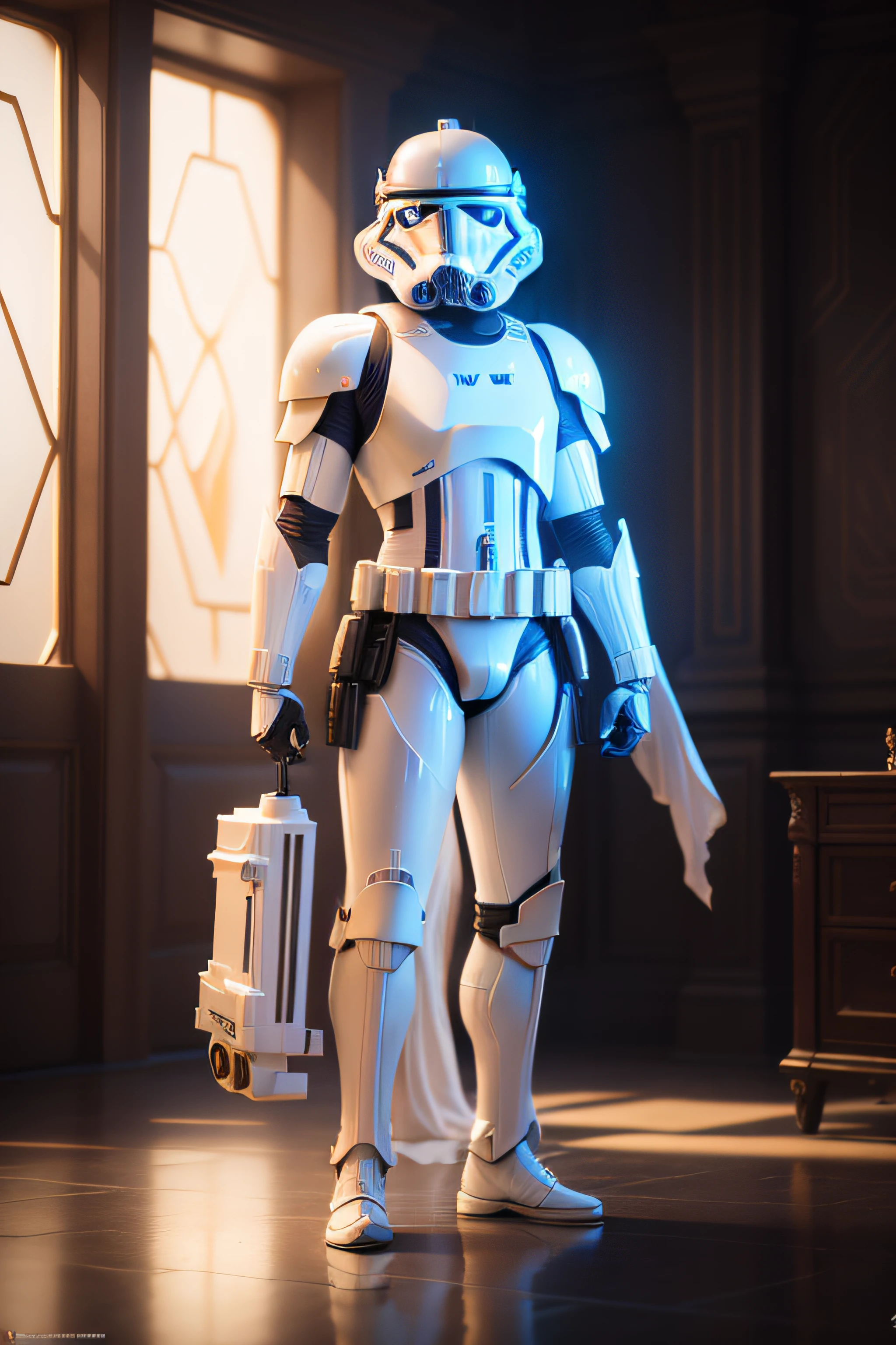 Photography of 3/4 body TeslaPunkAI  stormtrooper (Highly detailed, amazing fantasy setting), (Shiny Impressive lighting), (Colorful, Ultra Realistic, High quality, Highly detailed, Sharp focus, 8K UHD, Art photography), (trending on artstation)