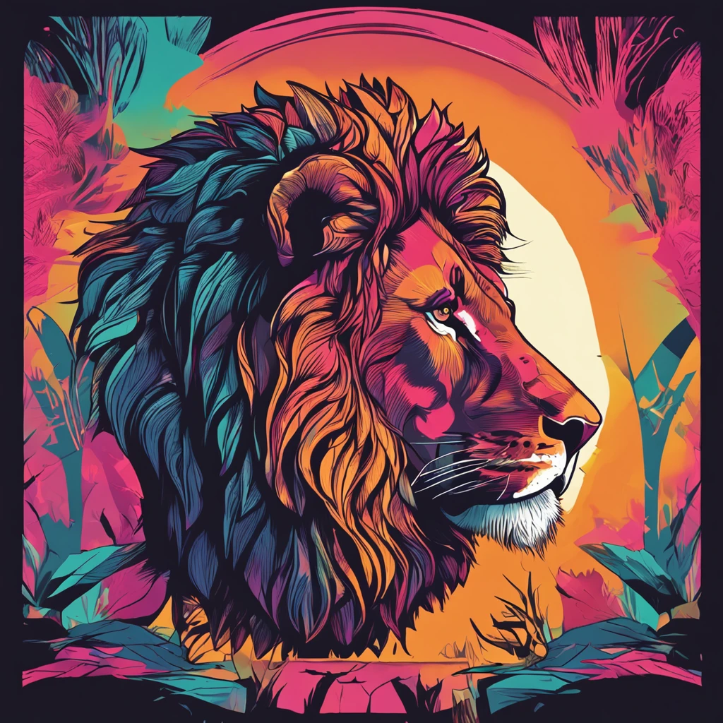 a silhouette design of a lion, sunset design, t- shirt art, 3D vector art, cute and quirky, bright bold colorful., black background, watercolor effect, , digital painting, low-poly, soft lighting, bird's-eye view, isometric style, retro aesthetic, focused on the character, 4K resolution, photorealistic rendering, using Cinema 4D,front side