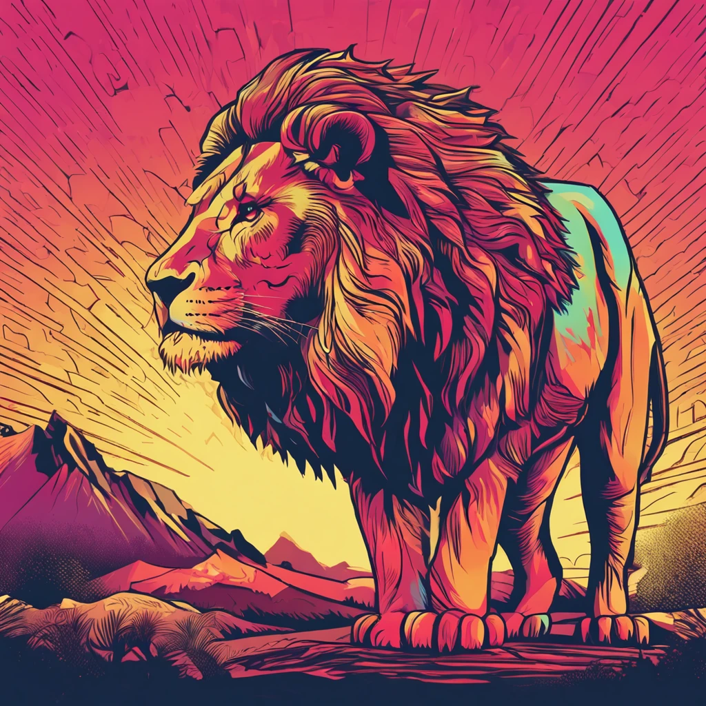 a silhouette design of a lion, sunset design, t- shirt art, 3D vector art, cute and quirky, bright bold colorful., black background, watercolor effect, , digital painting, low-poly, soft lighting, bird's-eye view, isometric style, retro aesthetic, focused on the character, 4K resolution, photorealistic rendering, using Cinema 4D,front side