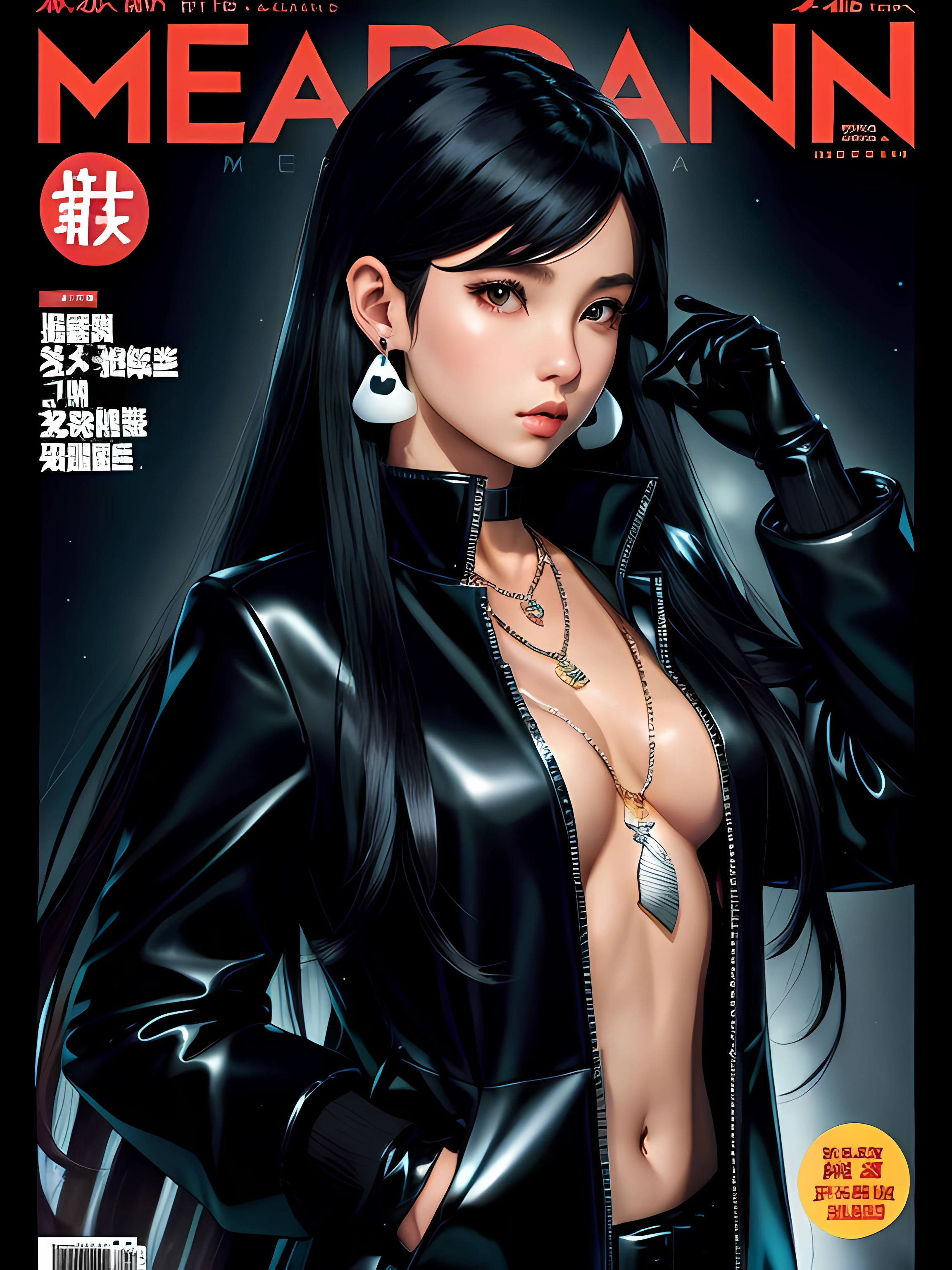 magazine scan,(magazine cover:1.2), cover text, text,( magatama necklace:1.1), wlop, 1girl, black gloves, black open jacket, character request, commentary, earrings, double v, jewelry, long hair, looking down, perfect flowing hair, solo