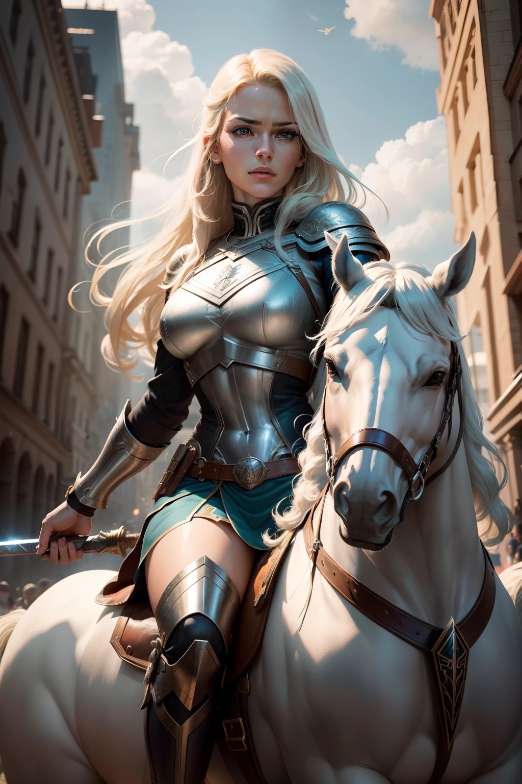 New York, Square of Time, Valkyrie, also known as Brunnhilde, is a character from Marvel Comics. She is an Asgardian warrior and a member of the Valkyries, a group of godlike warriors tasked with escorting the souls of fallen warriors to Valhalla. Valkyrie is skilled in hand-to-hand combat, wielding a sword and riding a majestic (horse) called Pegasus. She possesses superhuman strength, stamina, and longevity due to her Asgardian heritage. Additionally, Valkyrie is notable for her leadership, determination, and loyalty to her fellow Asgardians and the Avengers. Her presence brings a touch of mysticism and heroism to the mythology of the Marvel Universe. (best quality: 1.0), (Ultra Highres: 1.0), highly detailed face and eyes, (photorealistic: 1.2)