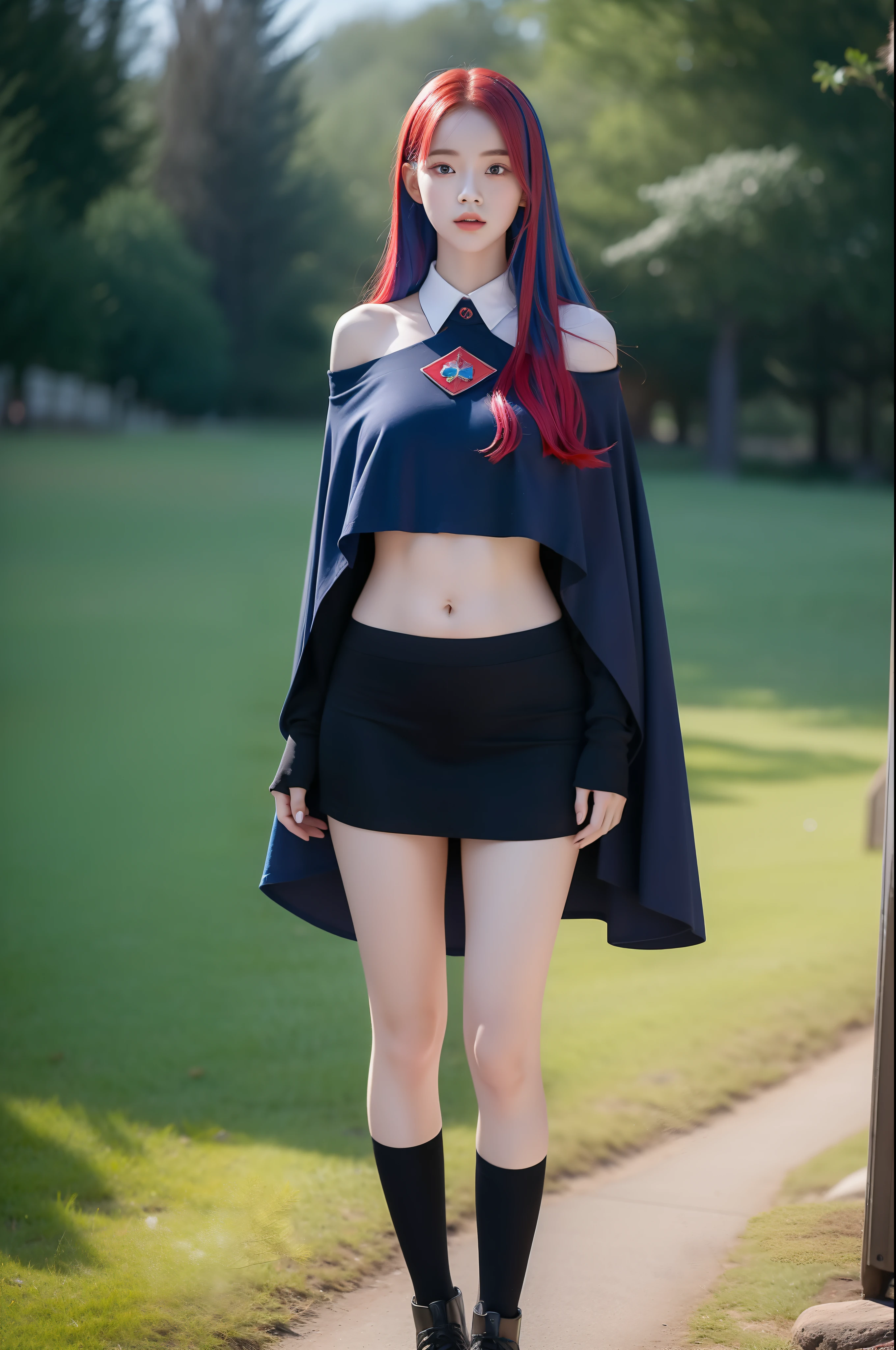 "Full body view of 18 years old Kim Chaewon as a young witch girl with blue red hair. She is standing confidently, with a slight exposure of her midriff and a petite figure. The photo is captured in UHD 4K, exhibiting exquisite details."