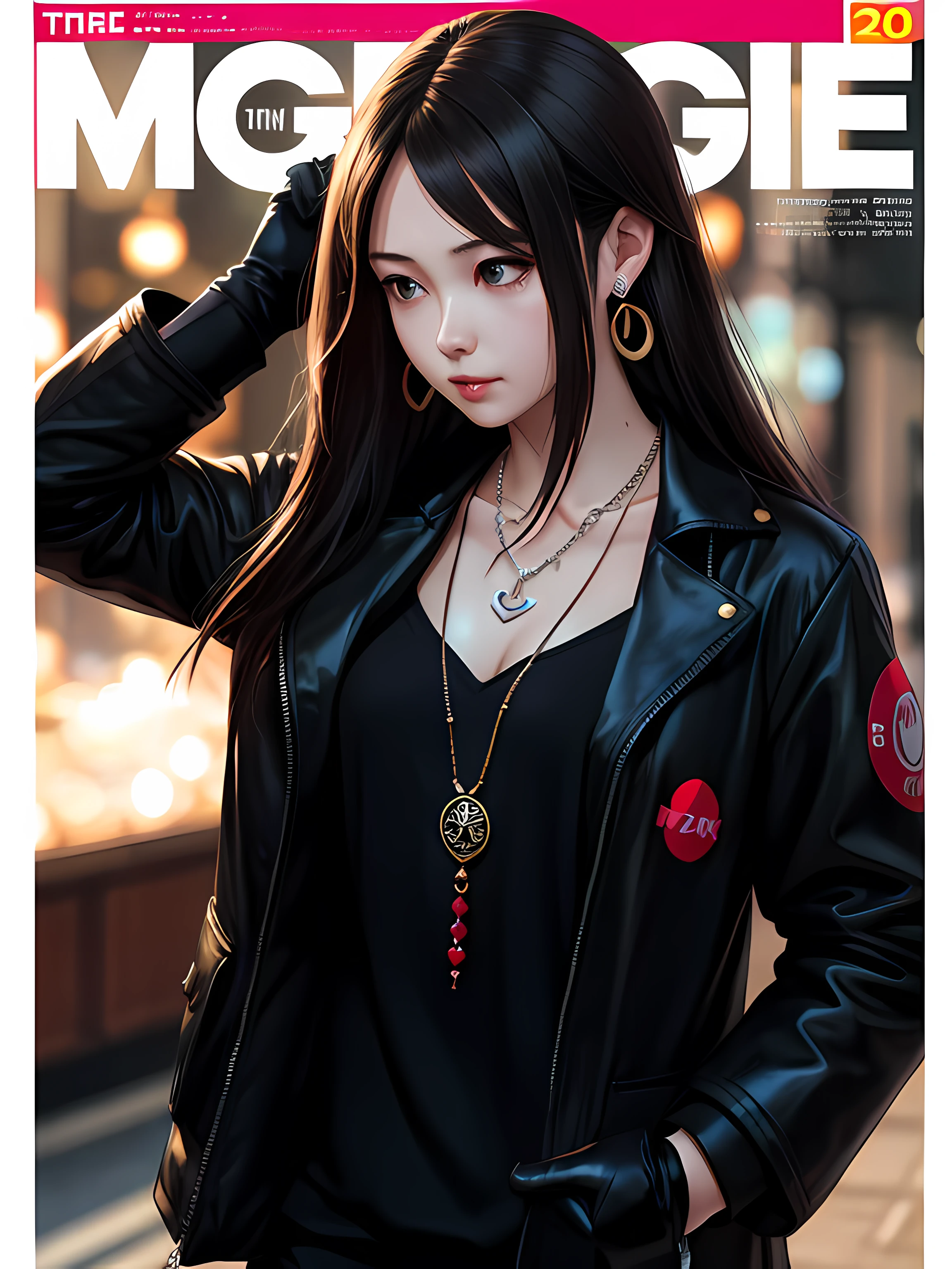 magazine scan,(magazine cover:1.2), cover text, text,( magatama necklace:1.1), wlop, 1girl, black gloves, black open jacket, character request, commentary, earrings, double v, jewelry, long hair, looking down, perfect flowing hair, solo
