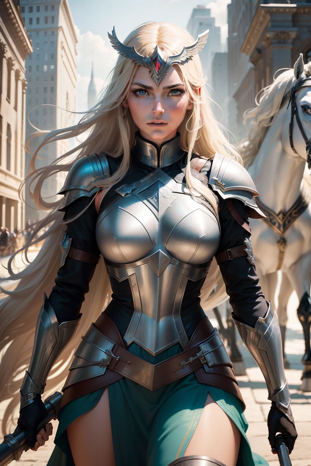 New York, Square of Time, Valkyrie, also known as Brunnhilde, is a character from Marvel Comics. She is an Asgardian warrior and a member of the Valkyries, a group of godlike warriors tasked with escorting the souls of fallen warriors to Valhalla. Valkyrie is skilled in hand-to-hand combat, wielding a sword and riding a majestic (horse) called Pegasus. She possesses superhuman strength, stamina, and longevity due to her Asgardian heritage. Additionally, Valkyrie is notable for her leadership, determination, and loyalty to her fellow Asgardians and the Avengers. Her presence brings a touch of mysticism and heroism to the mythology of the Marvel Universe. (best quality: 1.0), (Ultra Highres: 1.0), highly detailed face and eyes, (photorealistic: 1.2)