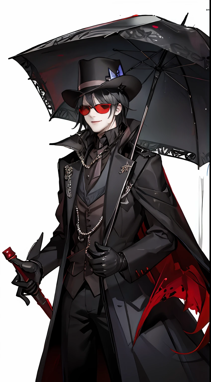 sci-fi, a fearsome vampire elder holds a umbrella, long black cloack, long black hair, vibrant red sunglass, creepy smile, black fedora
