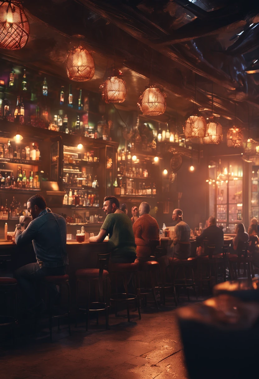 People talking in a pub, realistic, blurred background, 8k unity render, action shot, digital painting, dramatic, cinematic lighting, concept-art, smooth, sharp focus, skin pore, datailed.