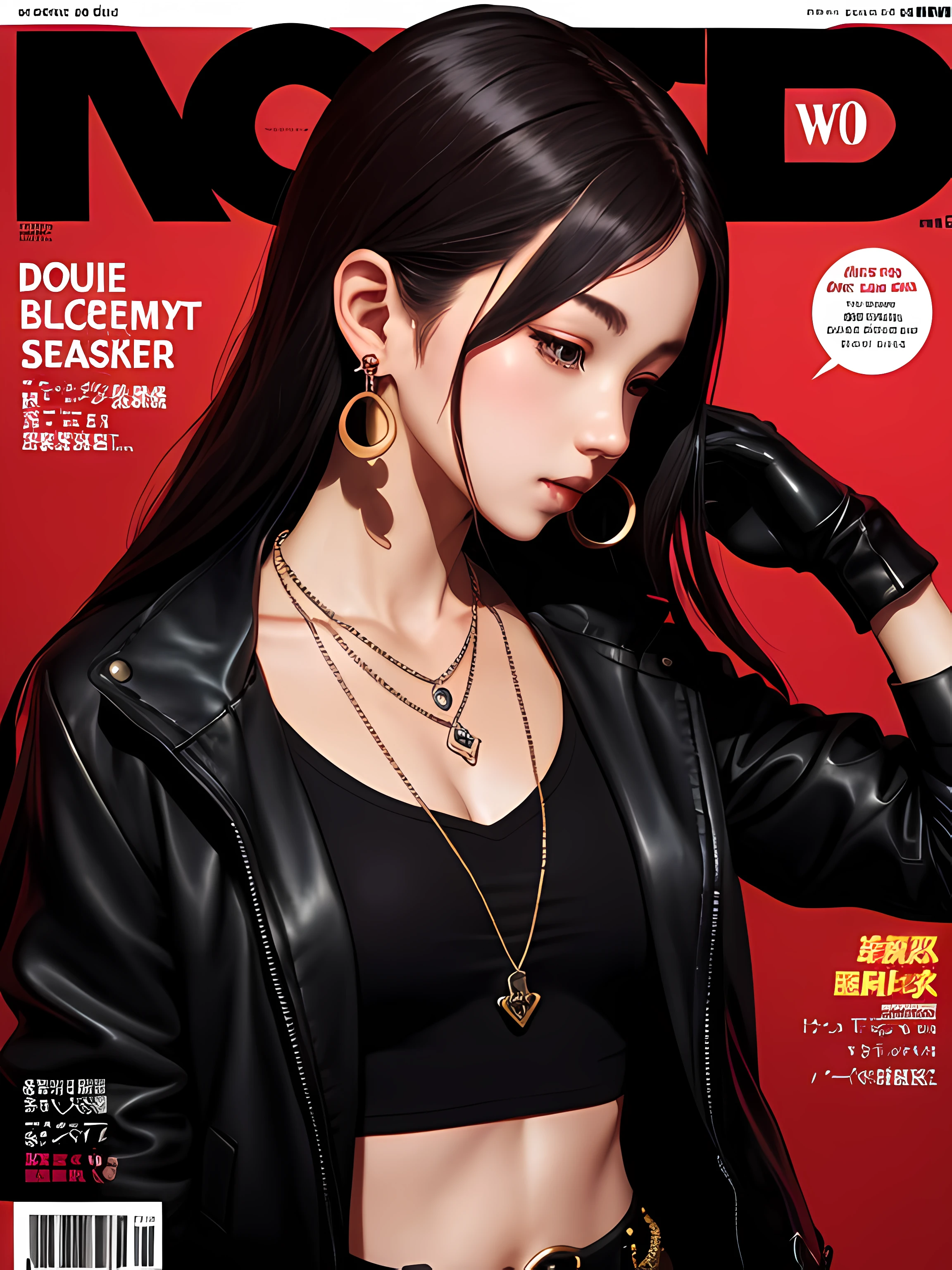 magazine scan,(magazine cover:1.2), cover text, text,( magatama necklace:1.1), wlop, 1girl, black gloves, black open jacket, character request, commentary, earrings, double v, jewelry, long hair, looking down, perfect flowing hair, solo