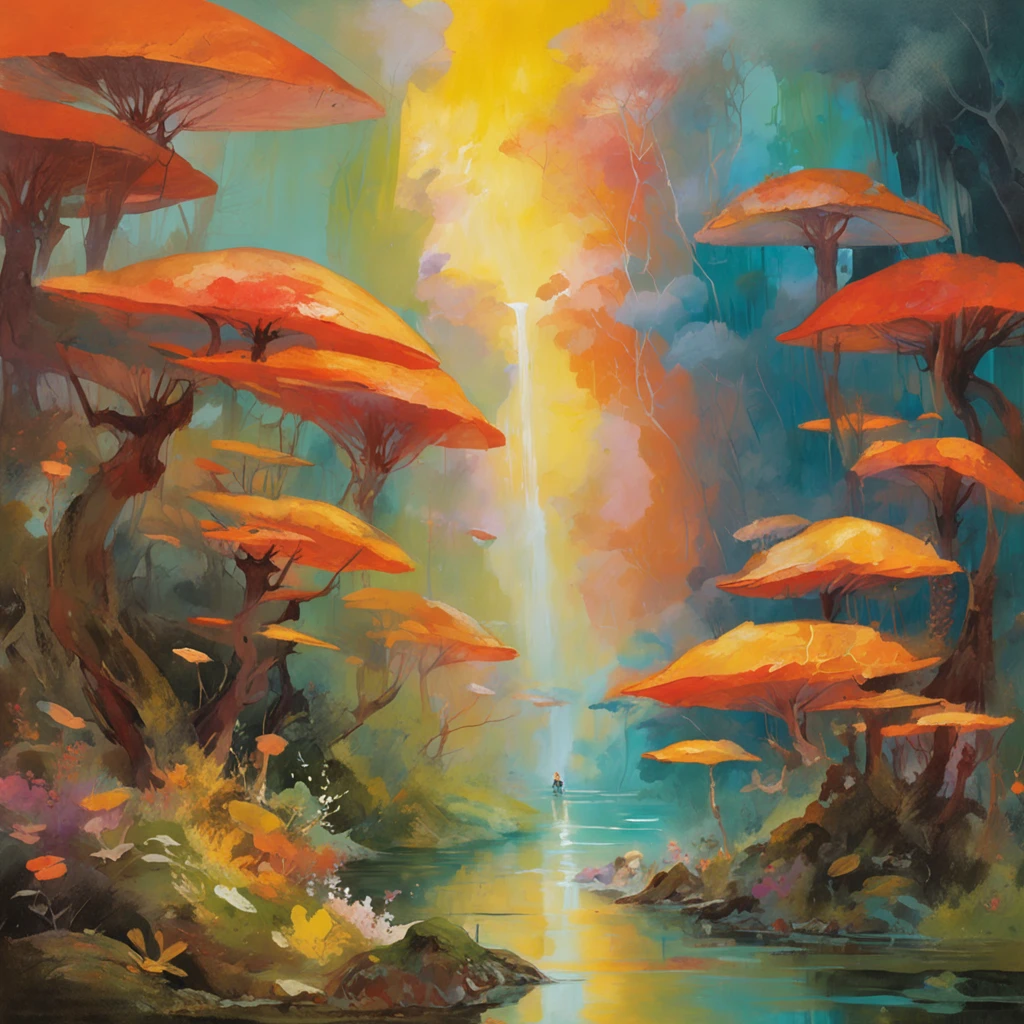 Detalhes intrincados da pintura das florestas japonesas, por Range Murata, galaxy in background, nuvem, Cores vivas, alto contraste, montanha, arte da linha vetorial, Destaques Laranja, trending on pixiv, Anime Concept Art, Stick, Tapete, alta qualidade, Borda a Borda, Sanskrit, homem pescando, chapeu de aba cobrindo seus olhos