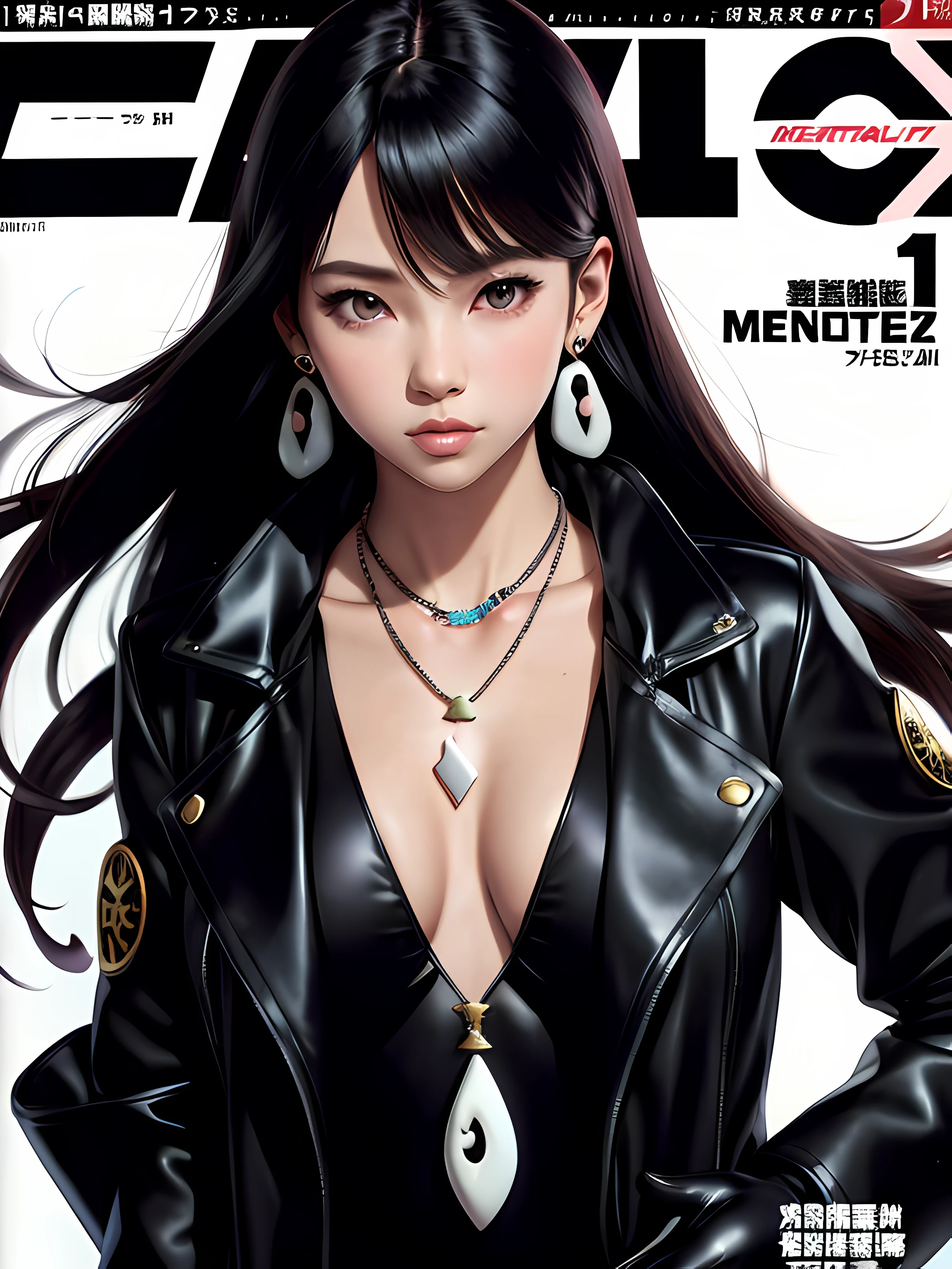 magazine scan,(magazine cover:1.2), cover text, text,( magatama necklace:1.1), wlop, 1girl, black gloves, black open jacket, character request, commentary, earrings, double v, jewelry, long hair, looking down, perfect flowing hair, solo