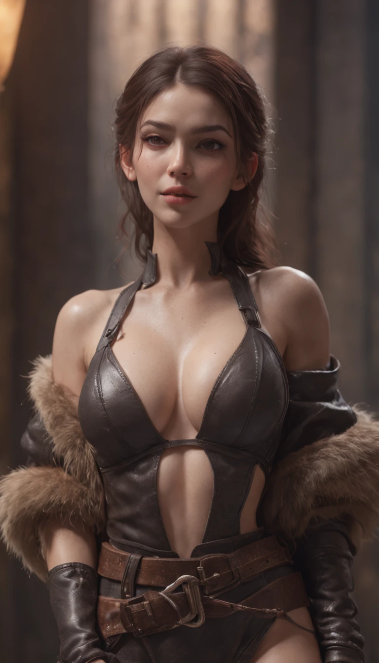 (professional 3d render:1.3) af (Realistic:1.3) most beautiful artwork photo in the world，a beautiful women  , ((sexy figure women, nice set of boobs, cleavage, big hips)), full body 8k unity render, action shot, skin pore, very dark lighting, heavyshading, Detailed, Detailed face, (vibrant, photograph realistic, Realistic, Dramatic, Dark, Sharp focus, 8K), (Old leather garments damaged by weathering:1.4), ((((Wear fur)))), (Intricate:1.4), decadent, (Highly detailed:1.4), Digital painting, rendering by octane, art stations, concept-art, smooth, Sharp focus, illustration, Art germ, (loish:0.23), wlop ilya kuvshinov, and greg rutkowski and alphonse mucha gracias, (Global illumination, Studio light, volumettic light), heavy rain, particles floating, lotr, fantasy, elf, full bodyesbian, ((Dark and ancient city background:1.3)),CGSesociety,art stations