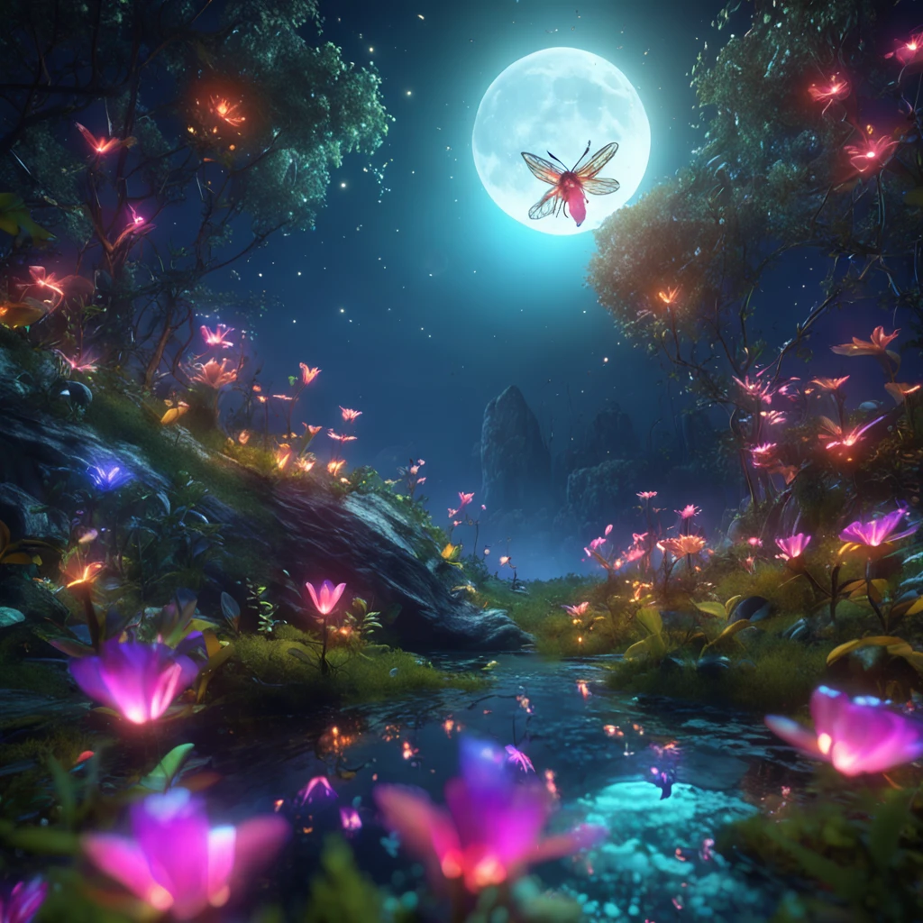 4 small glowing fairies fly around a night forest landscape with beautiful flowers, bushes, sparkling water, moonlighting (extremely detailed CG unity 16k wallpaper), most beautiful artwork in the world, professional majestic oil painting, intricate, high resolution, Sharp focus, dramatic, photorealistic, painting art, hyper-realistic, (Van Gough Style)