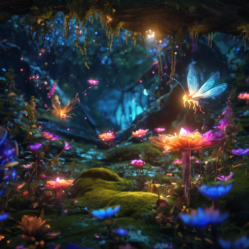 4 small glowing fairies fly around a night forest landscape with beautiful flowers, bushes, sparkling water, moonlighting (extremely detailed CG unity 16k wallpaper), most beautiful artwork in the world, professional majestic oil painting, intricate, high resolution, Sharp focus, dramatic, photorealistic, painting art, hyper-realistic, (Van Gough Style)
