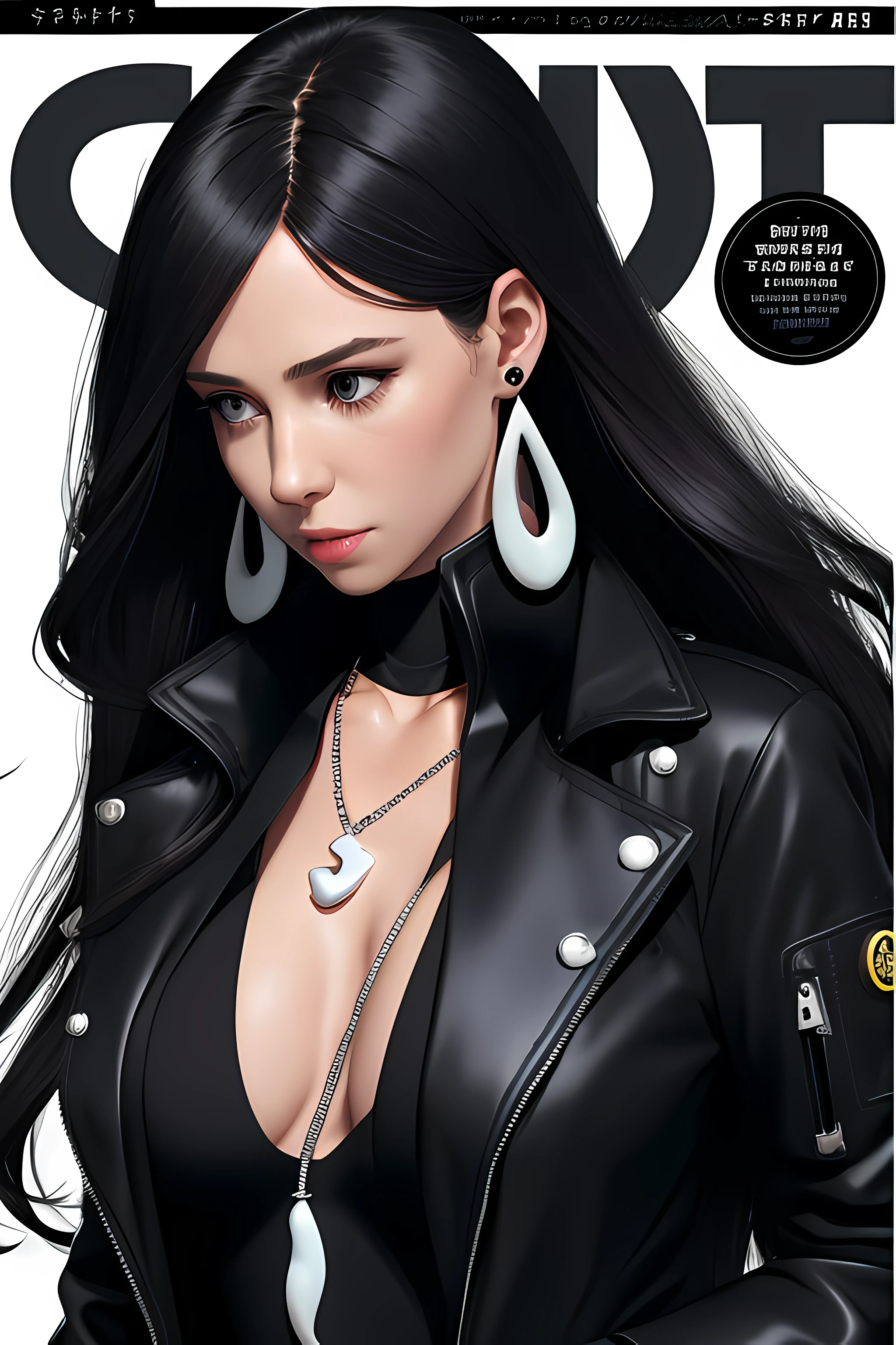 magazine scan,(magazine cover:1.2), cover text, text,( magatama necklace:1.1), wlop, 1girl, black gloves, black open jacket, character request, commentary, earrings, double v, jewelry, long hair, looking down, perfect flowing hair, solo,