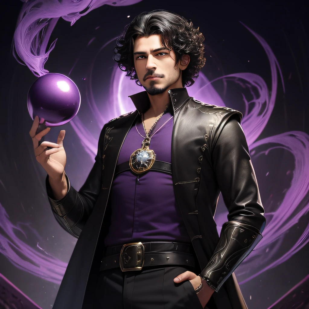 Letter from Magic The Gathering 25 year old Acletico Latin man with black and purple medieval shirt black pants and very large curly black hair and small mustache, feiticeiro medieval, with your hands in your pockets , a small purple ball of smoke flying near him, fundo escuro, mal iluminado