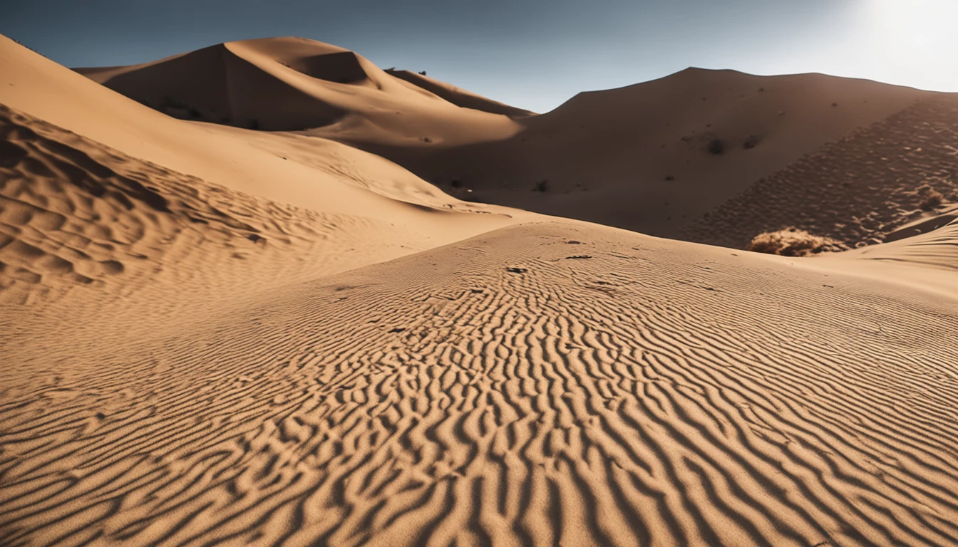 Aerial view of the sand crest of the vast desert with no end in sight、look down from above、Highly detailed background,Realistic,ultra-detailliert,super detailed skin,light glow,Film grain,Expro II,Lens Flare,Sharpen,cinematic shadow